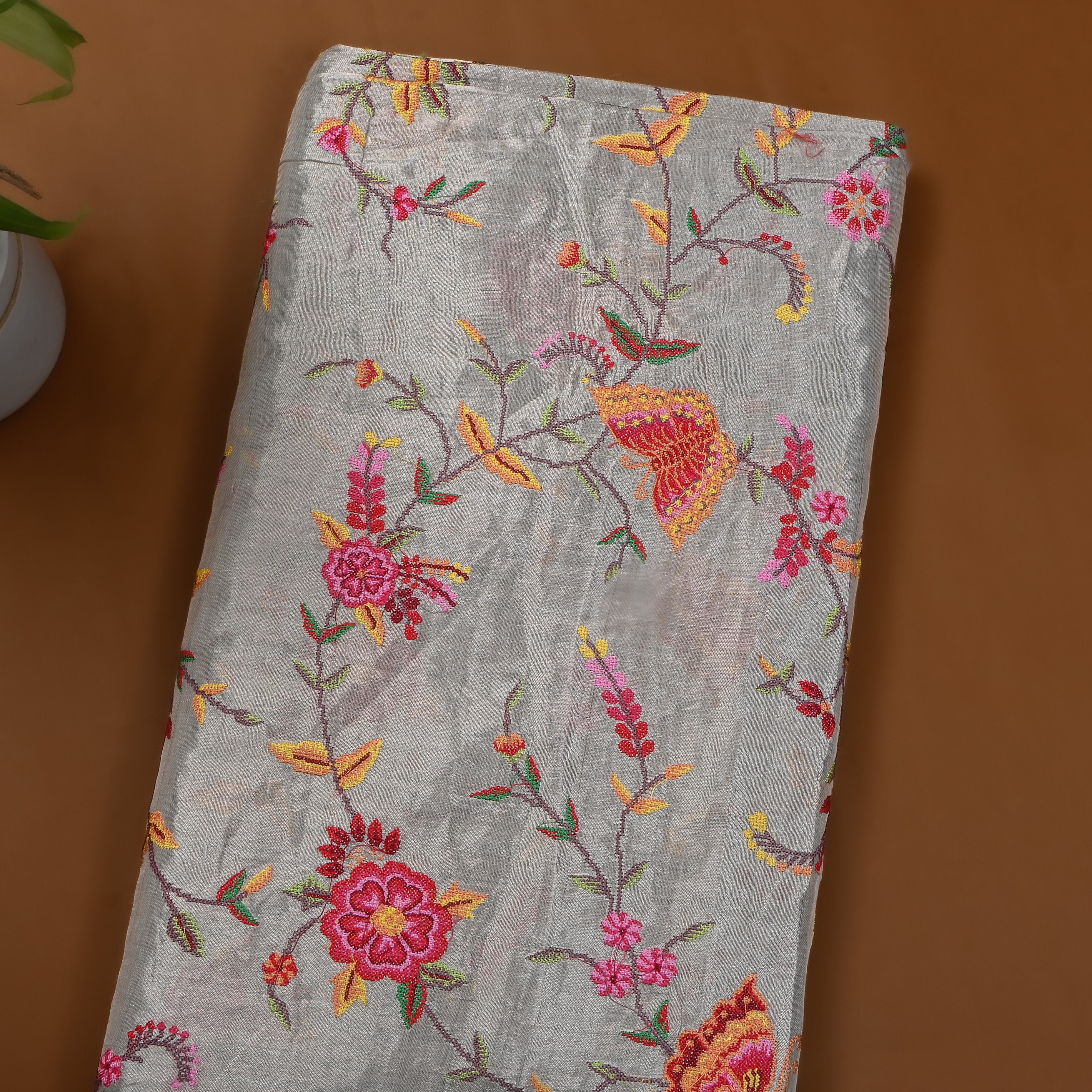 Silver Embroidered Floral Tissue Fabric