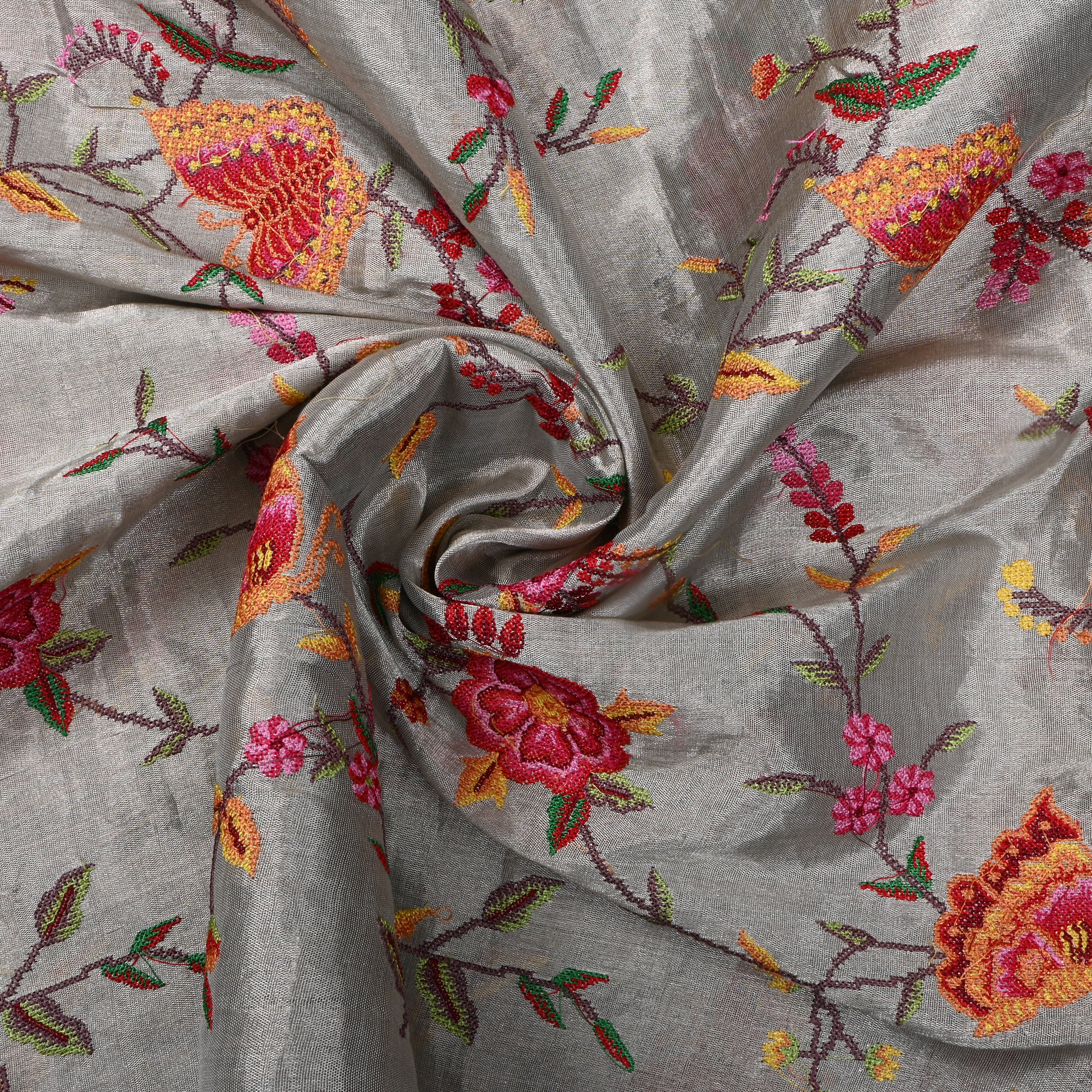 Silver Embroidered Floral Tissue Fabric