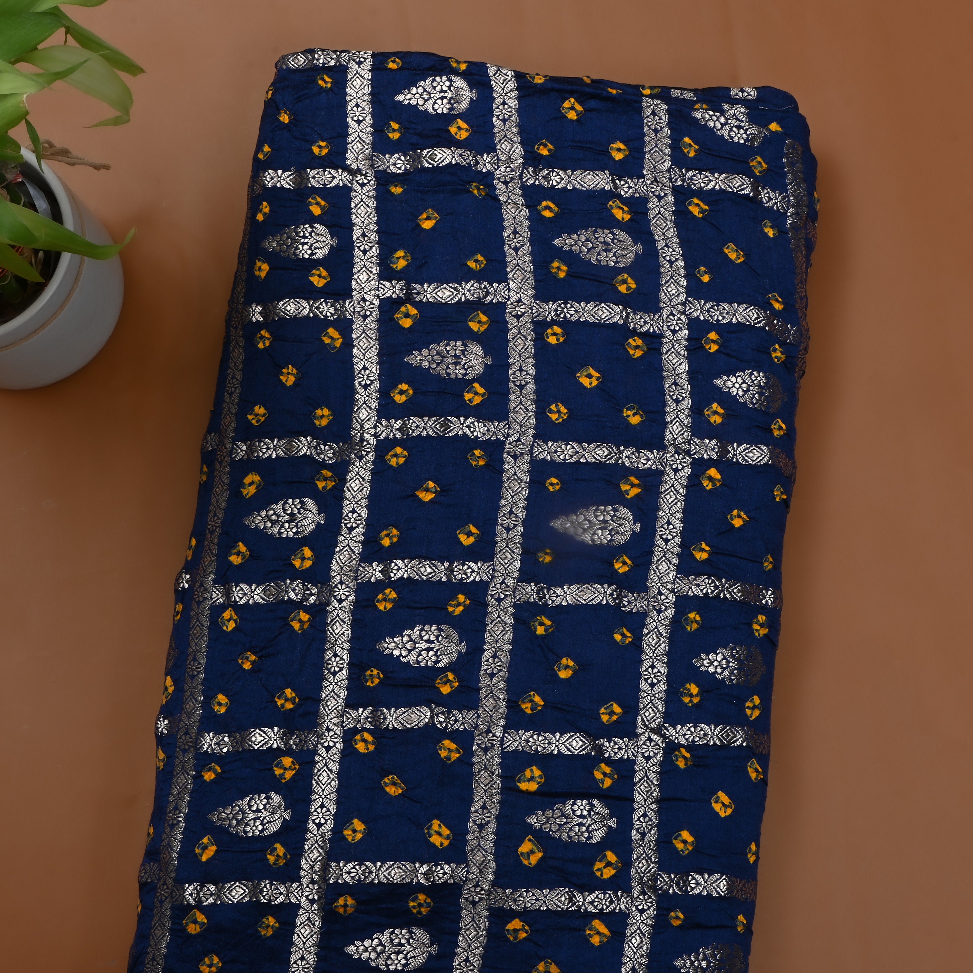 Navy Blue Bandhani Silk Zari Woven Fabric