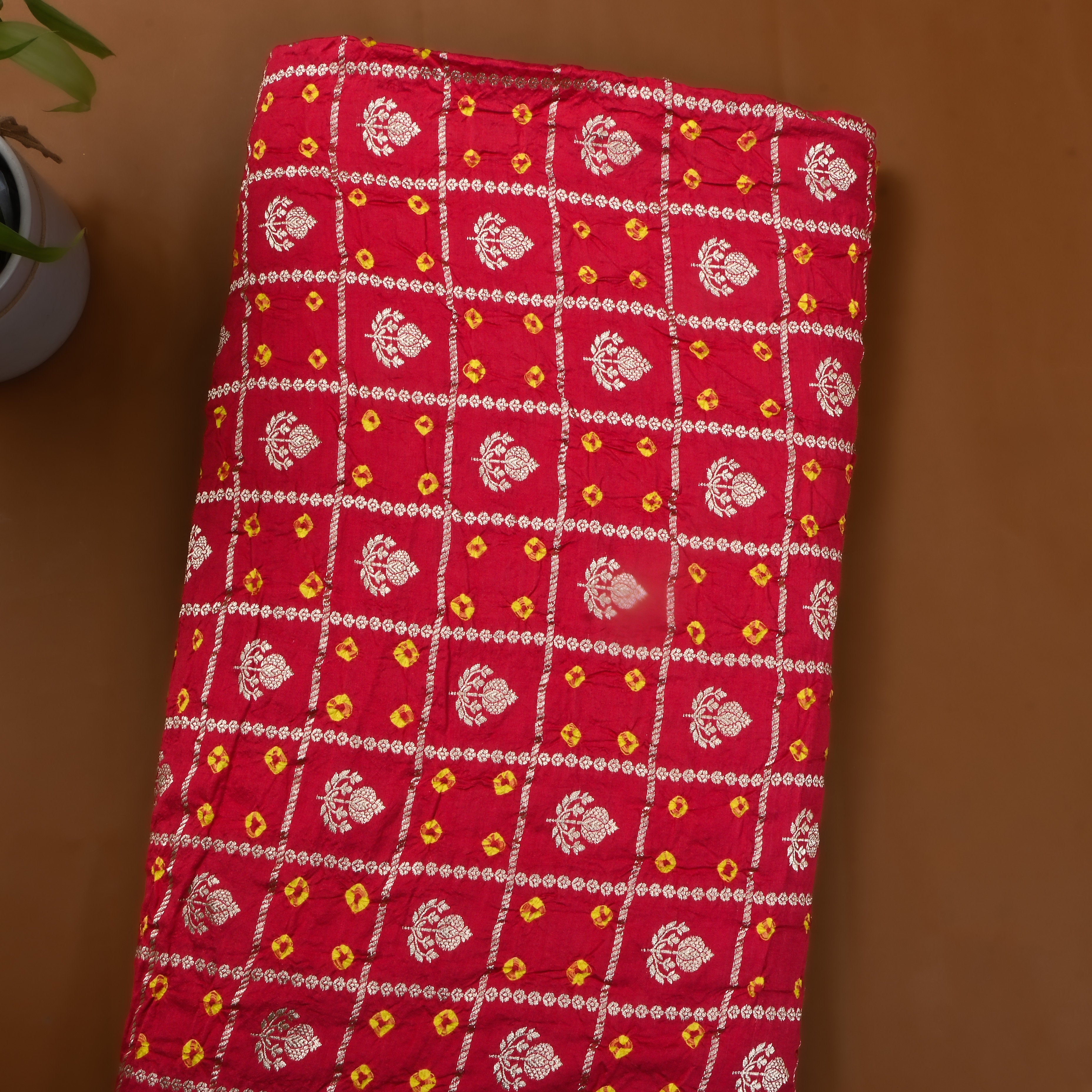 Bright Red Zari Woven Silk Bandhani Fabric