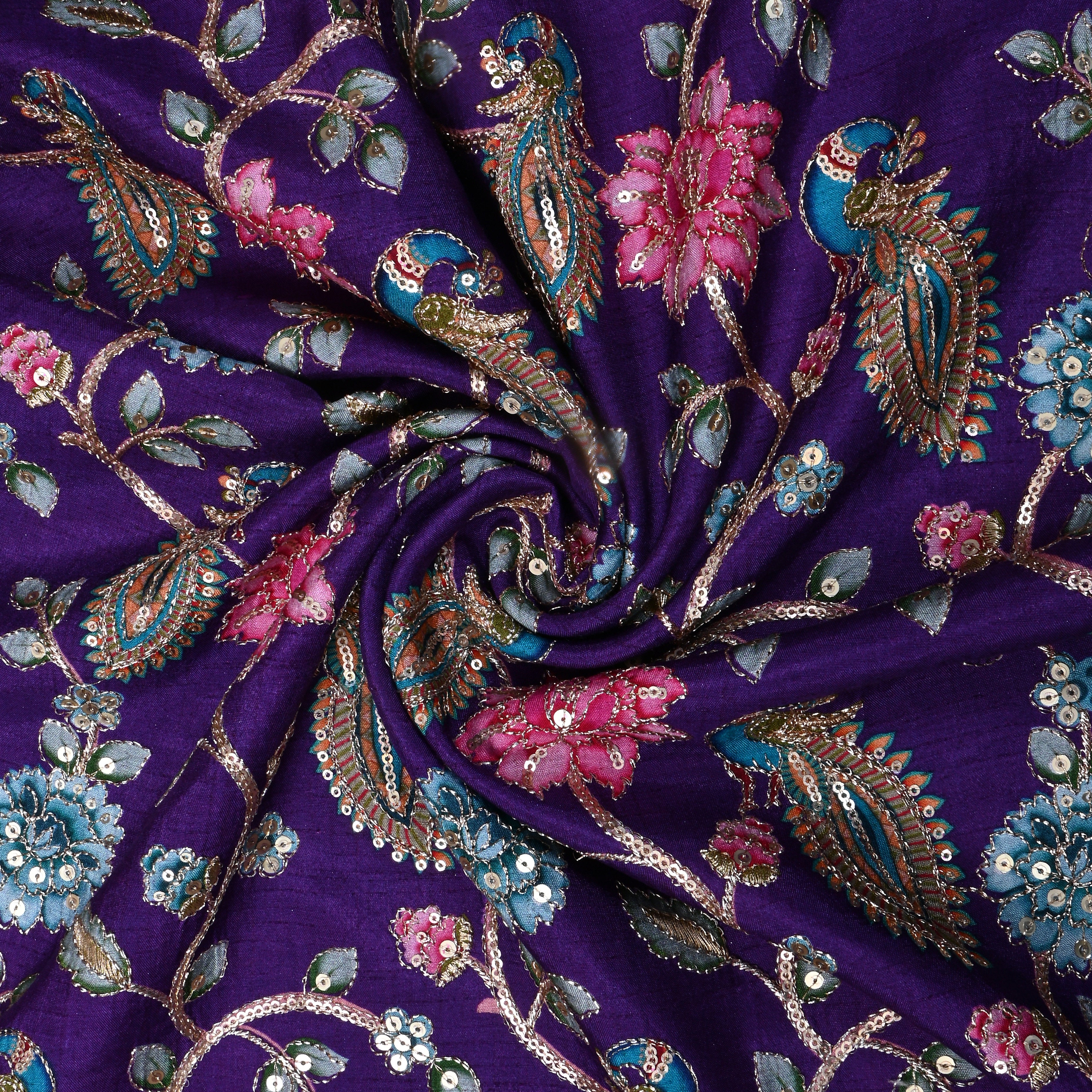 Rich Purple Floral Printed Silk Fabric