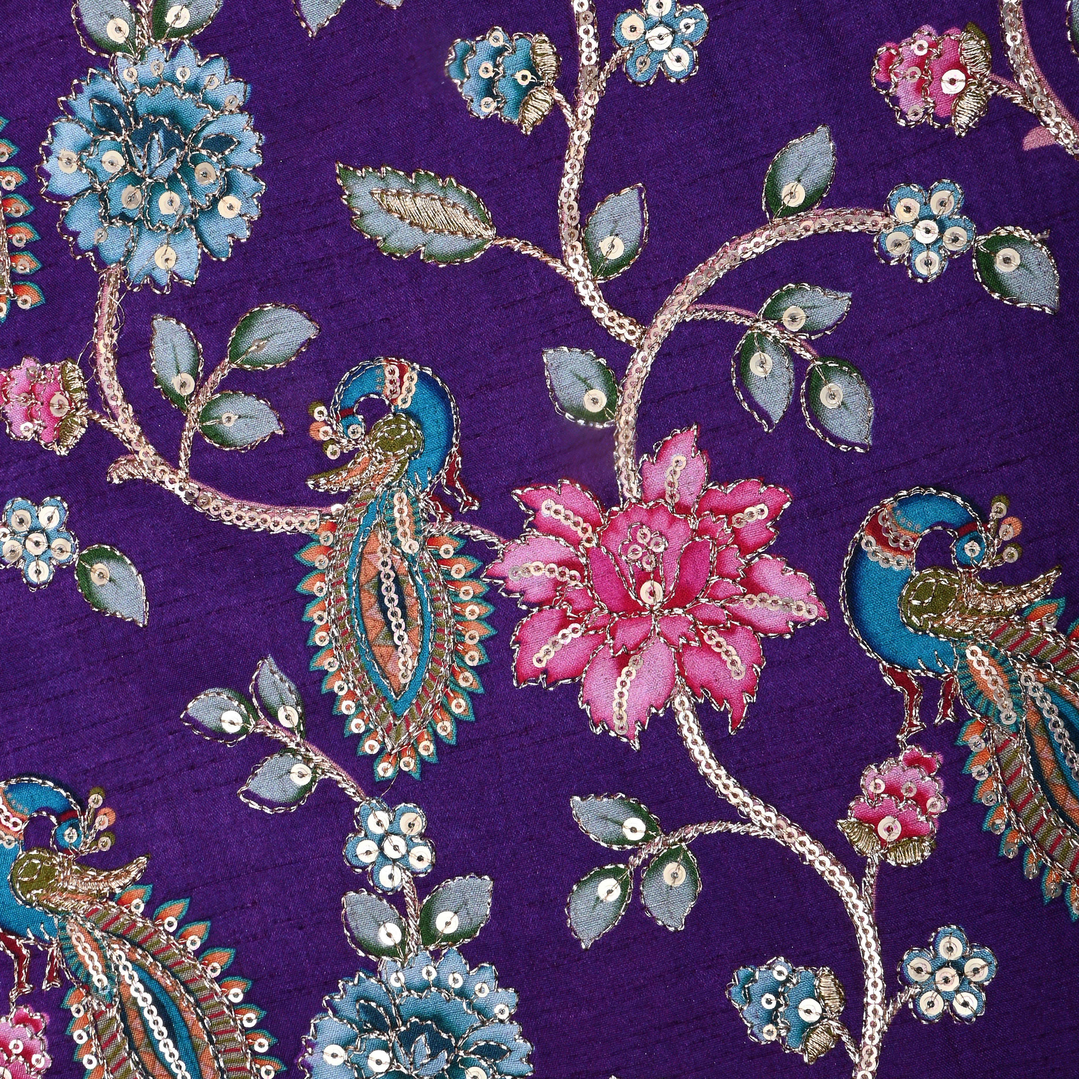 Rich Purple Floral Printed Silk Fabric