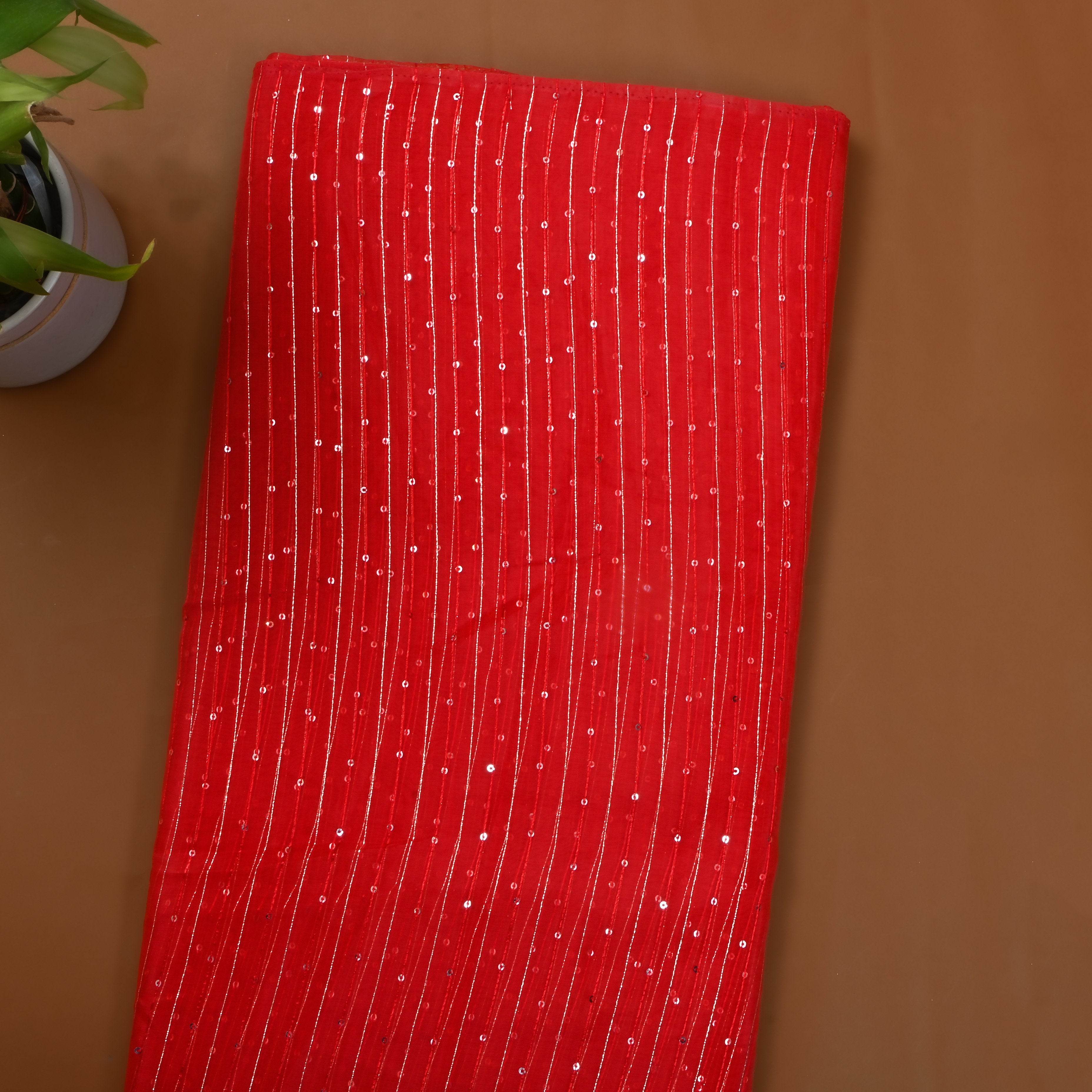 Red Embroidered Organza Fabric