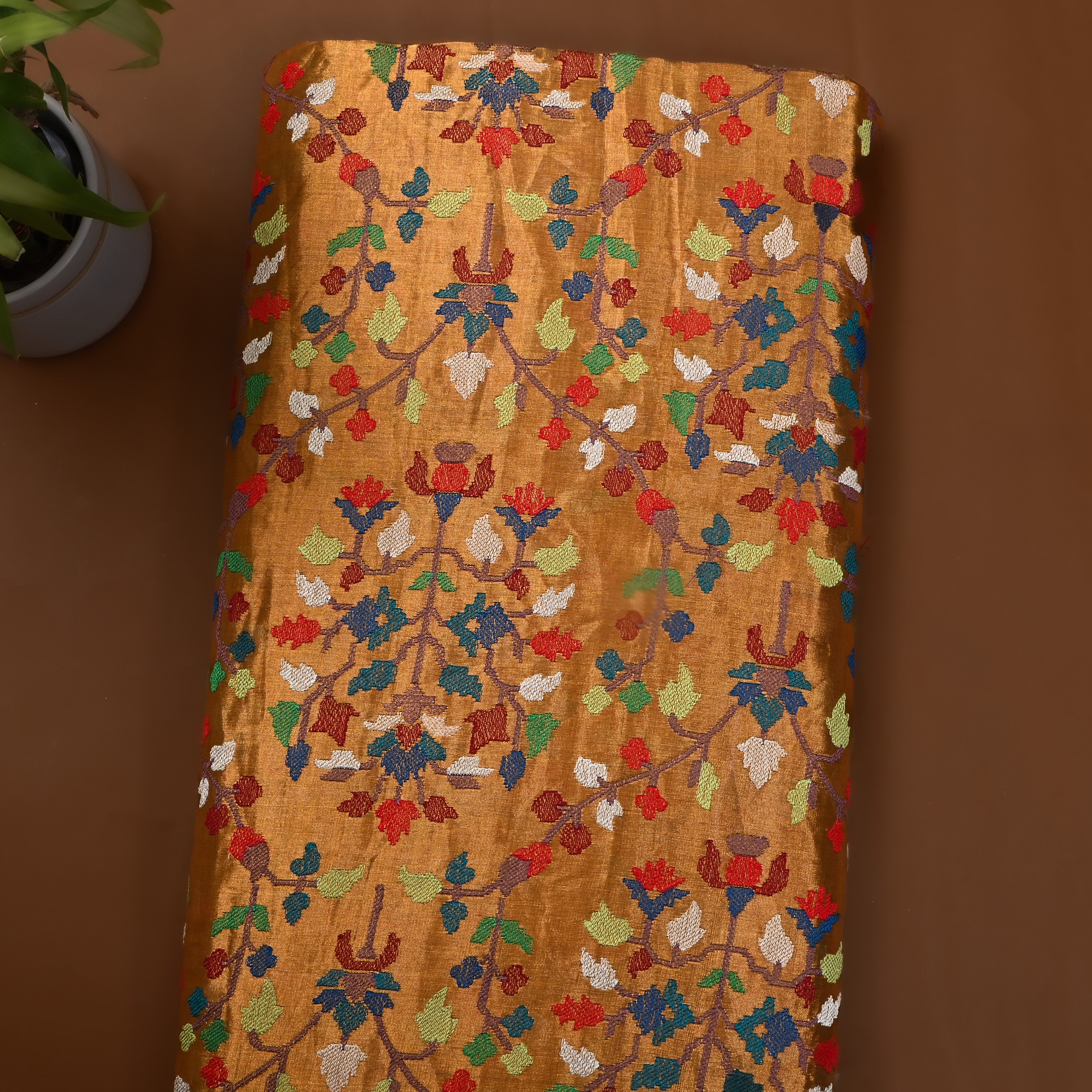 Golden Thread Embroidered Floral Tissue Fabric