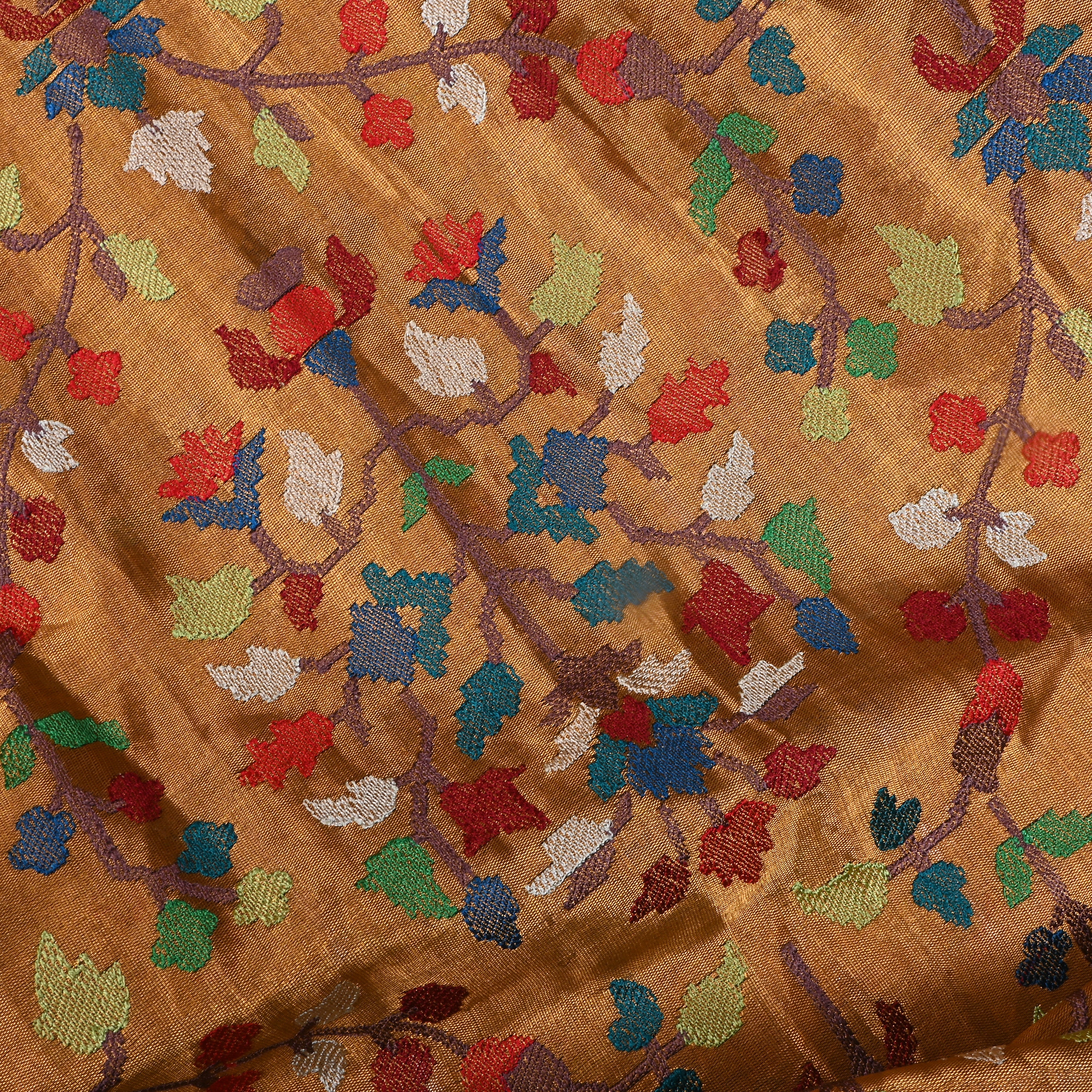 Golden Thread Embroidered Floral Tissue Fabric