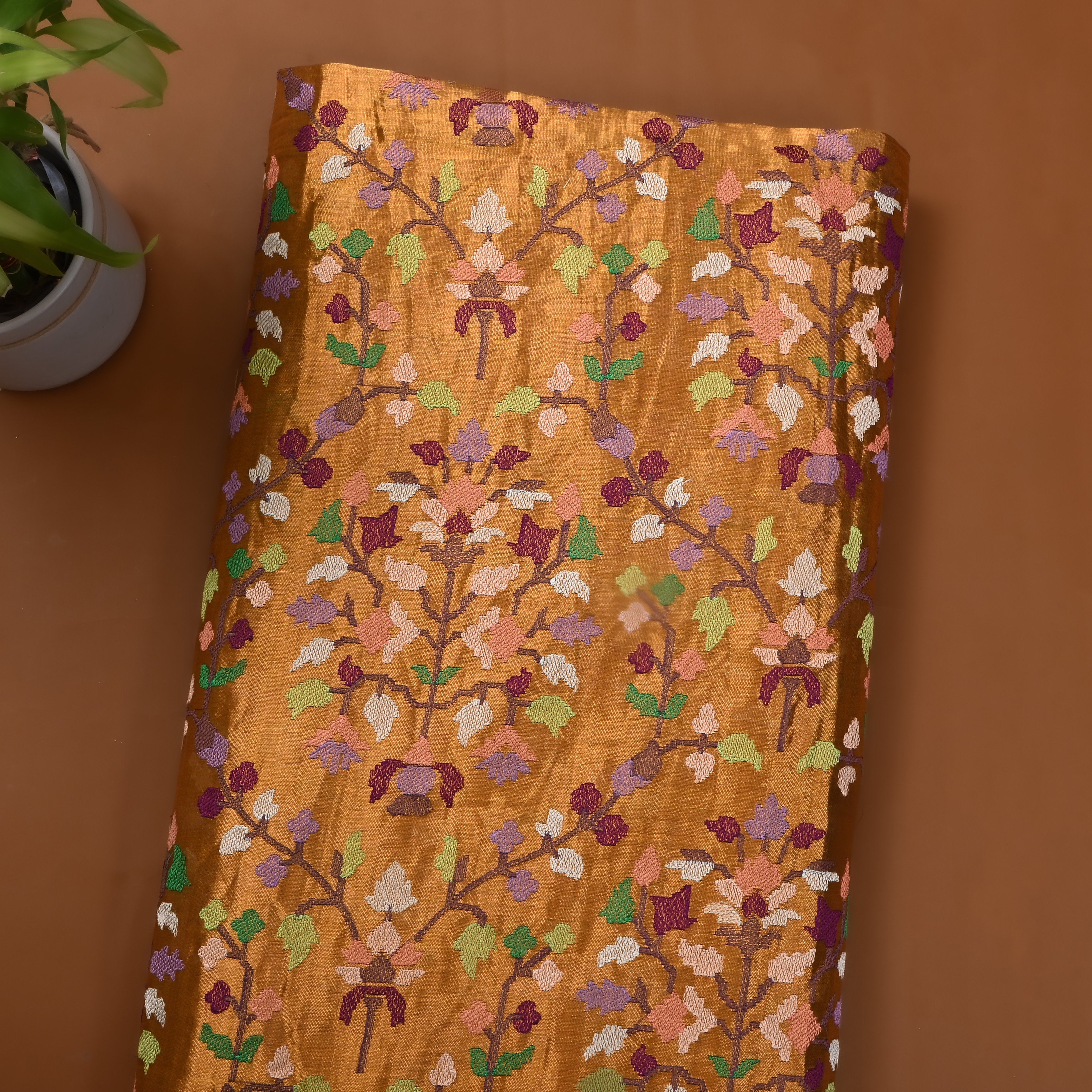 Golden Floral Thread Embroidered Tissue Fabric