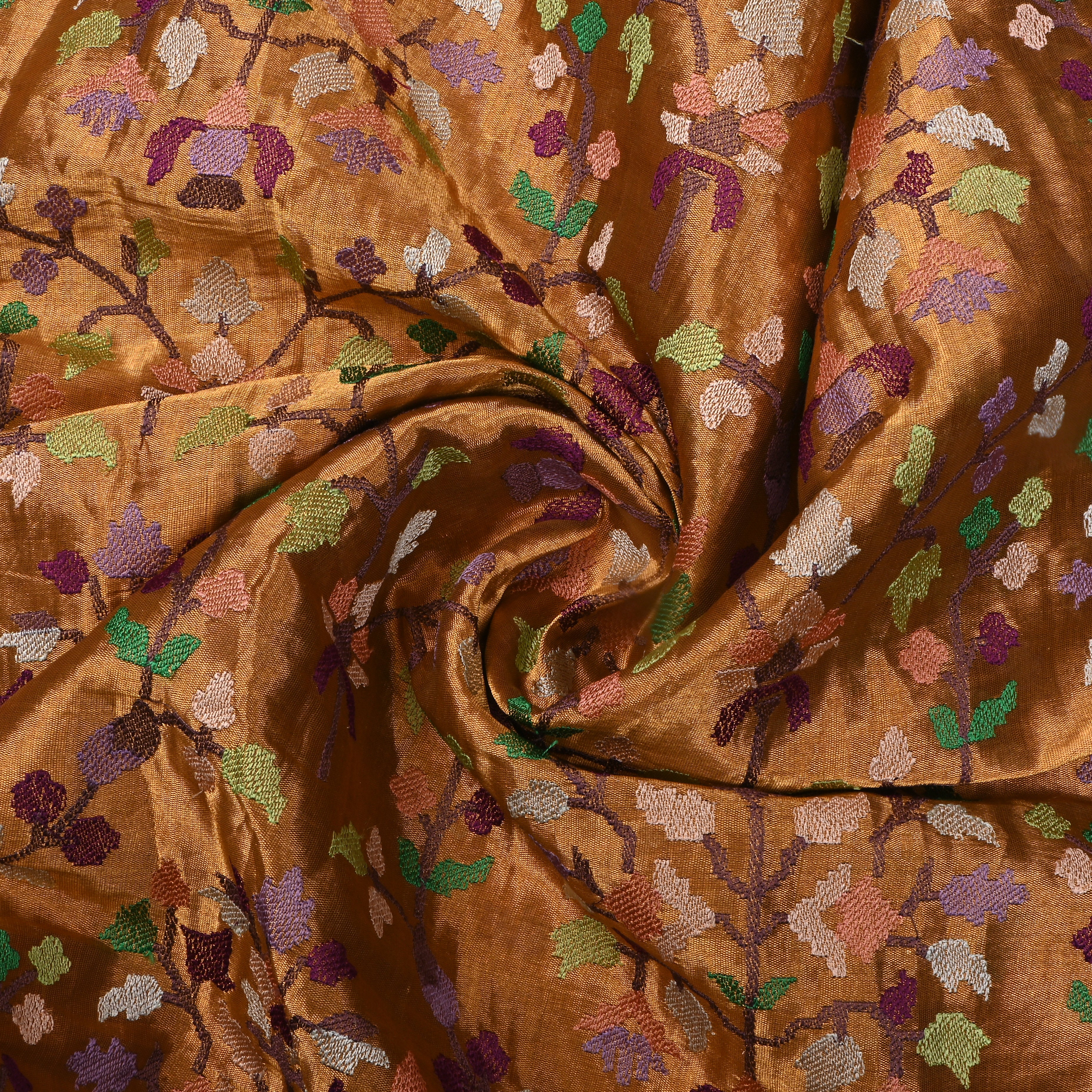 Golden Floral Thread Embroidered Tissue Fabric