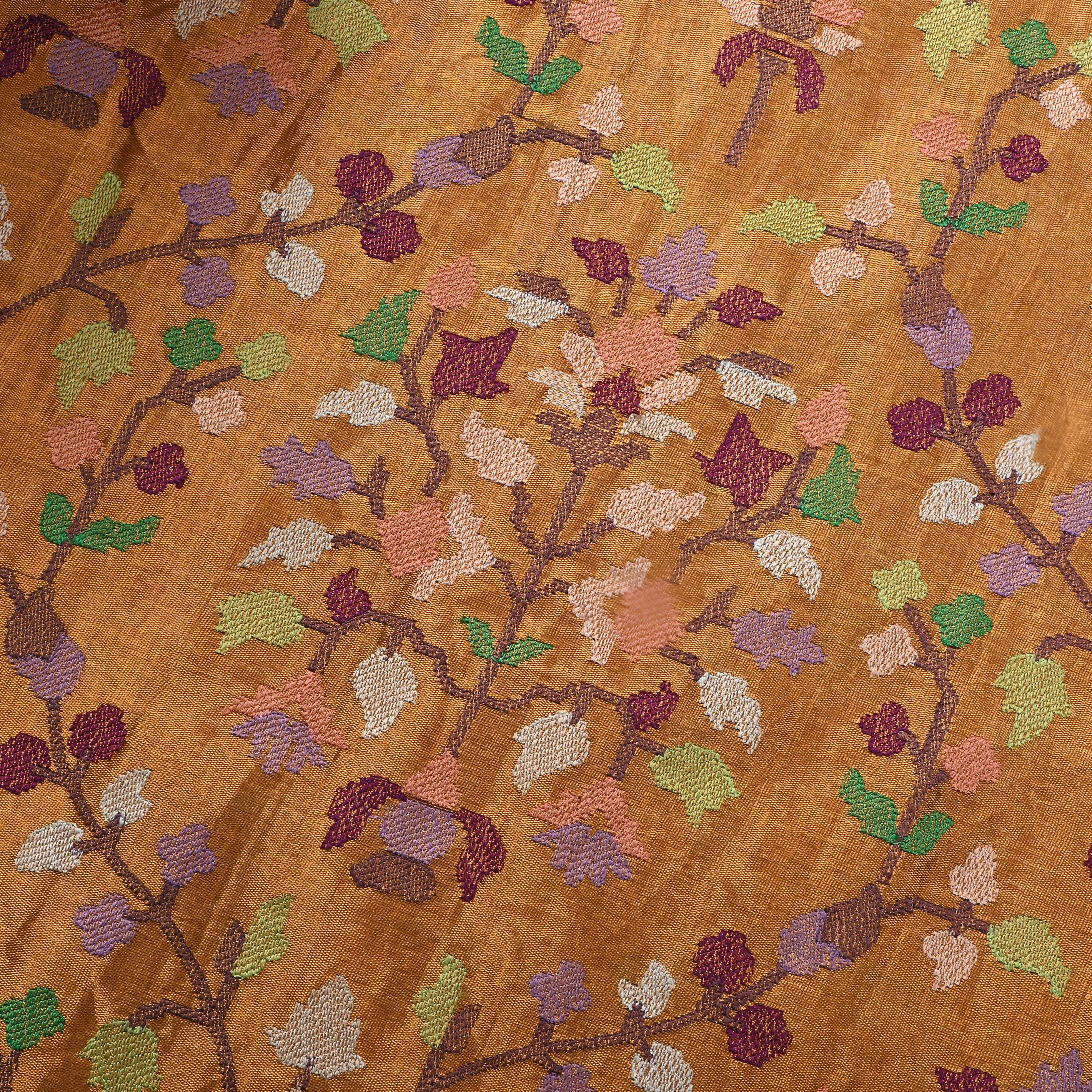 Golden Floral Thread Embroidered Tissue Fabric