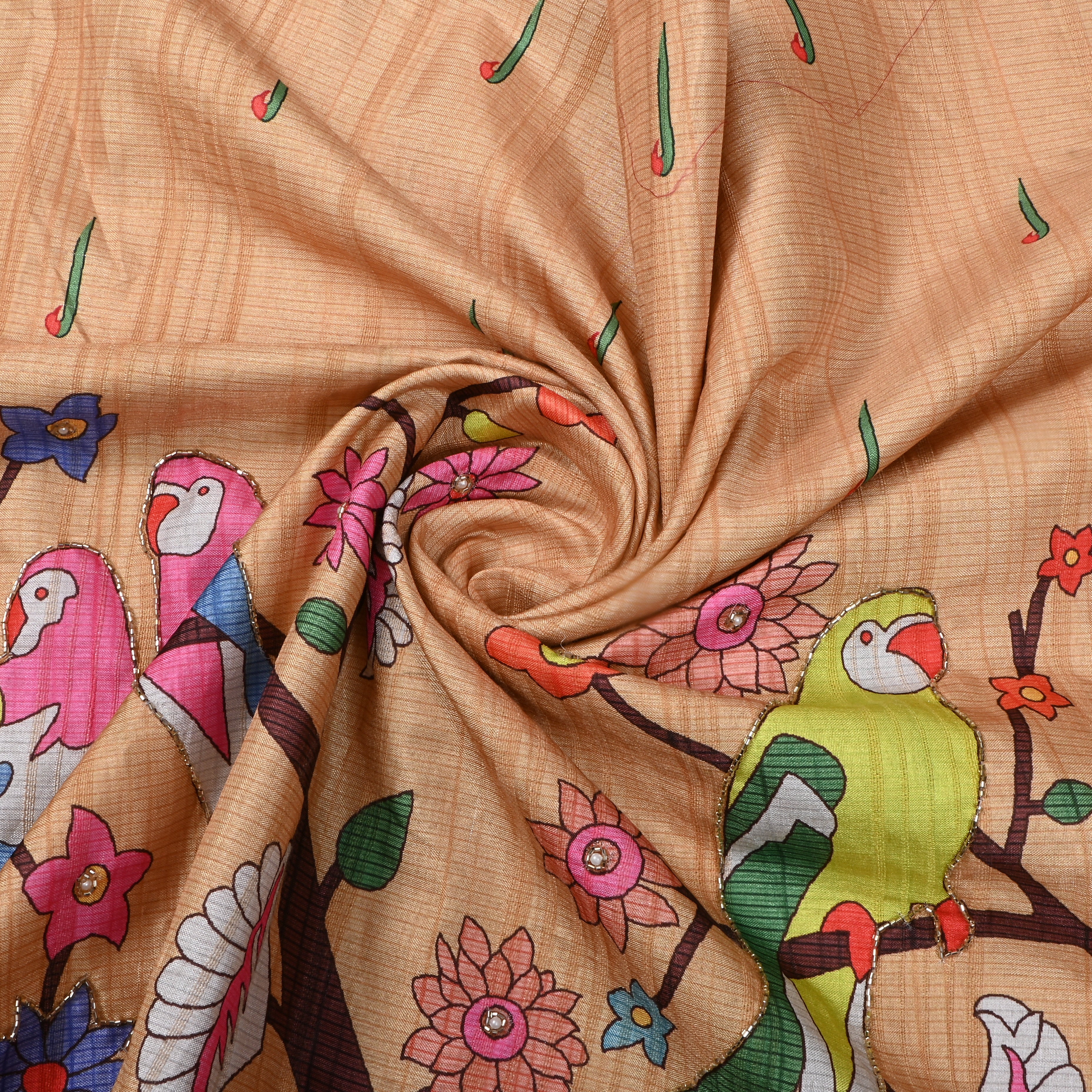 Soft Beige Printed Dupion Silk Fabric