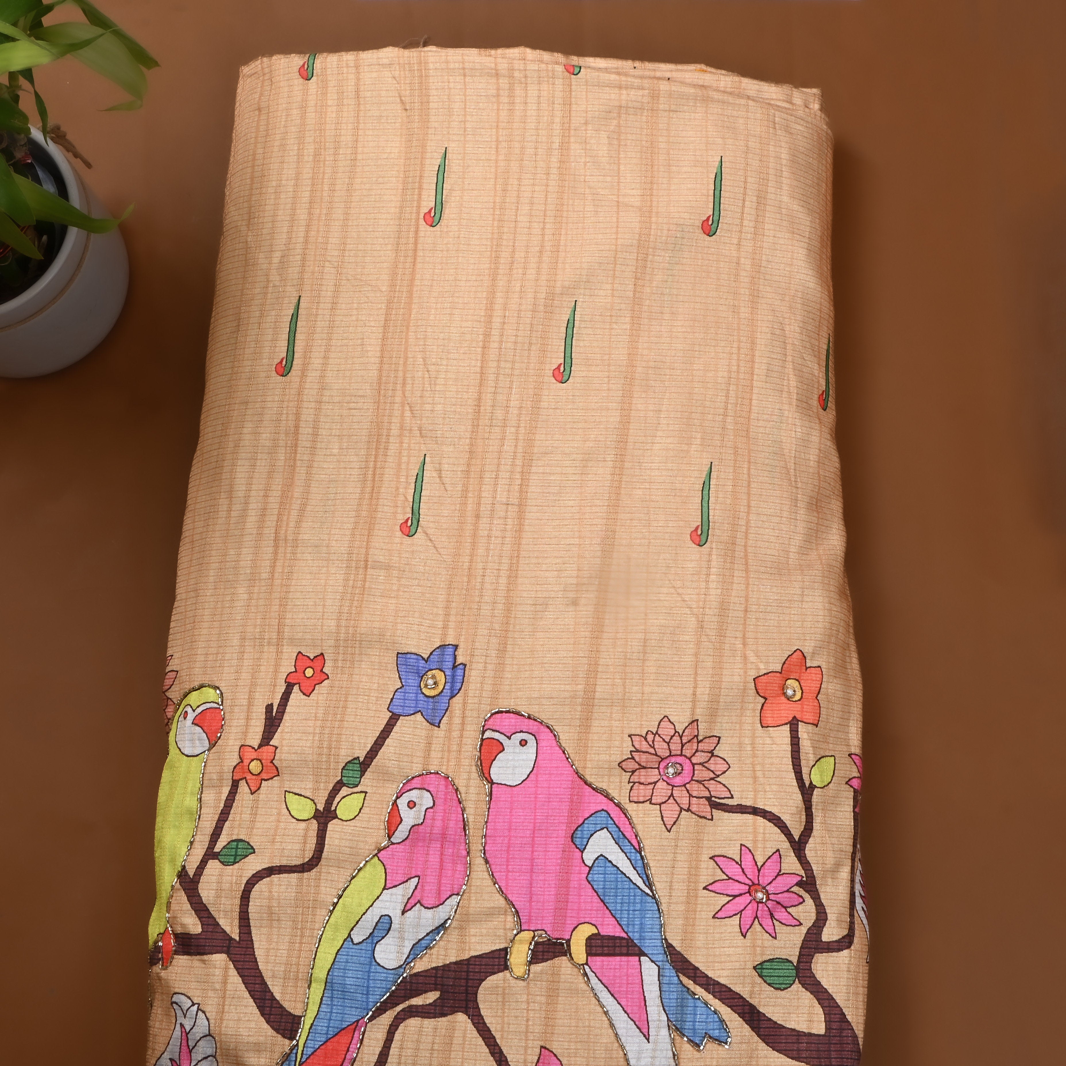 Soft Beige Printed Dupion Silk Fabric