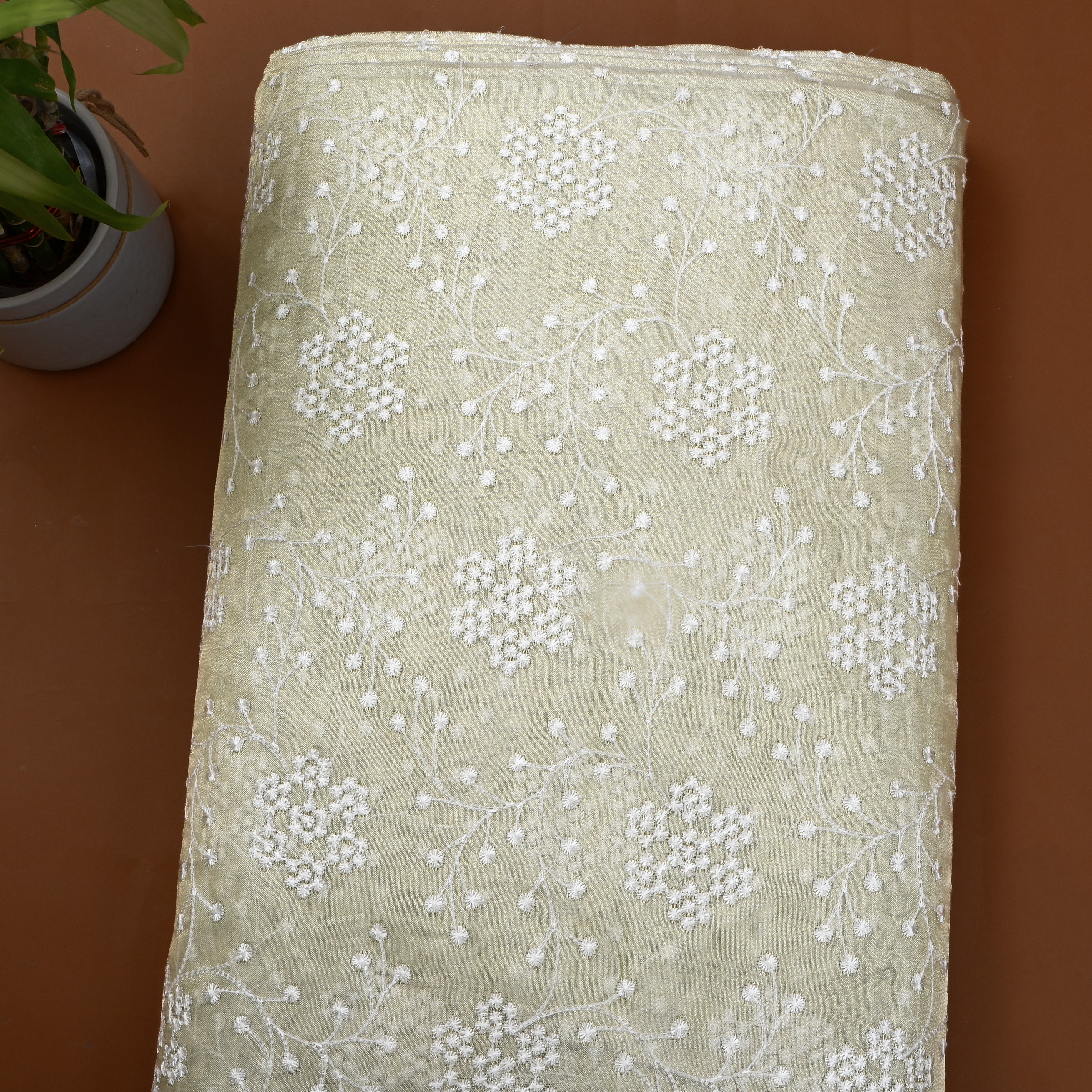 Off-White Floral Embroidered Tissue Fabric