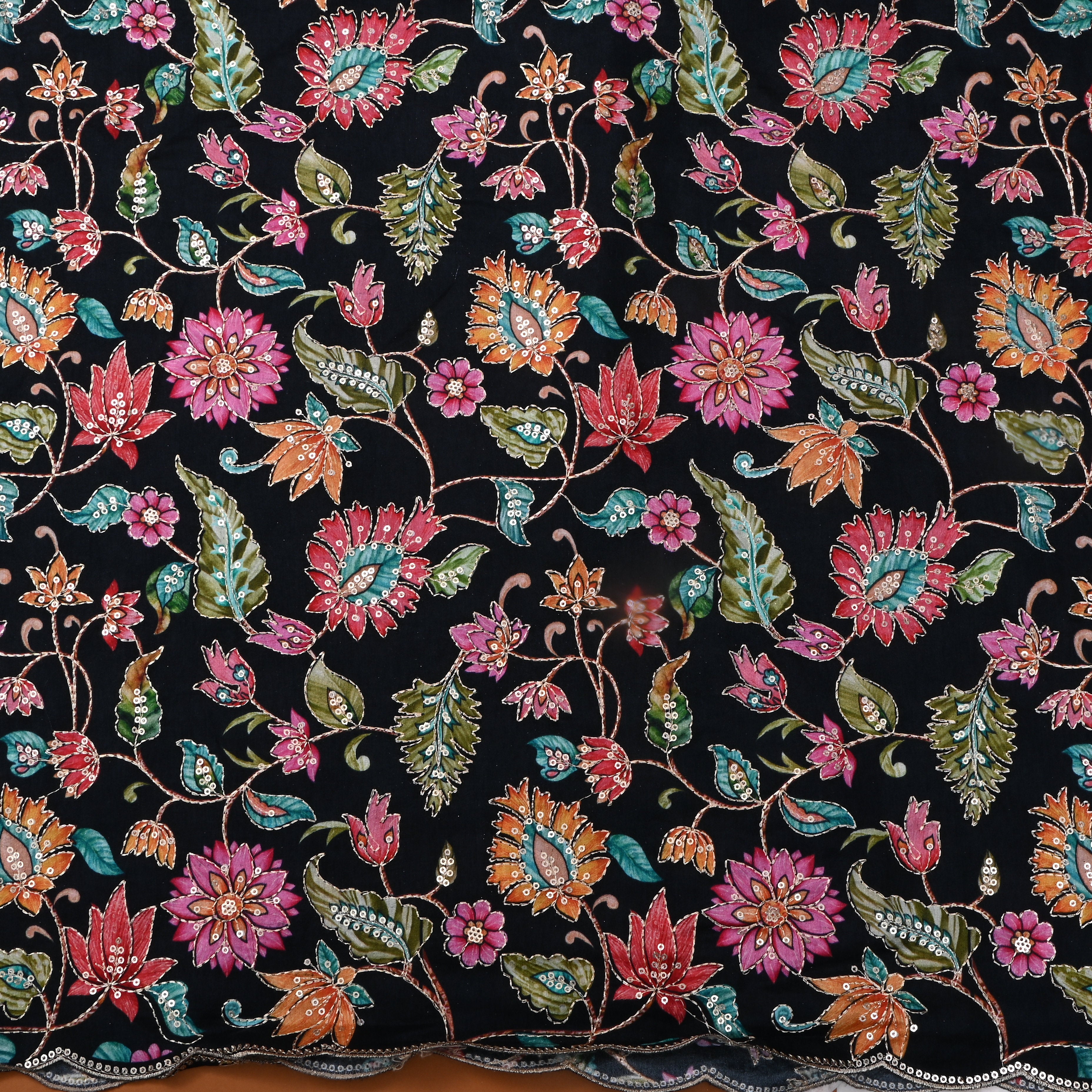 Black Floral Printed Silk Fabric