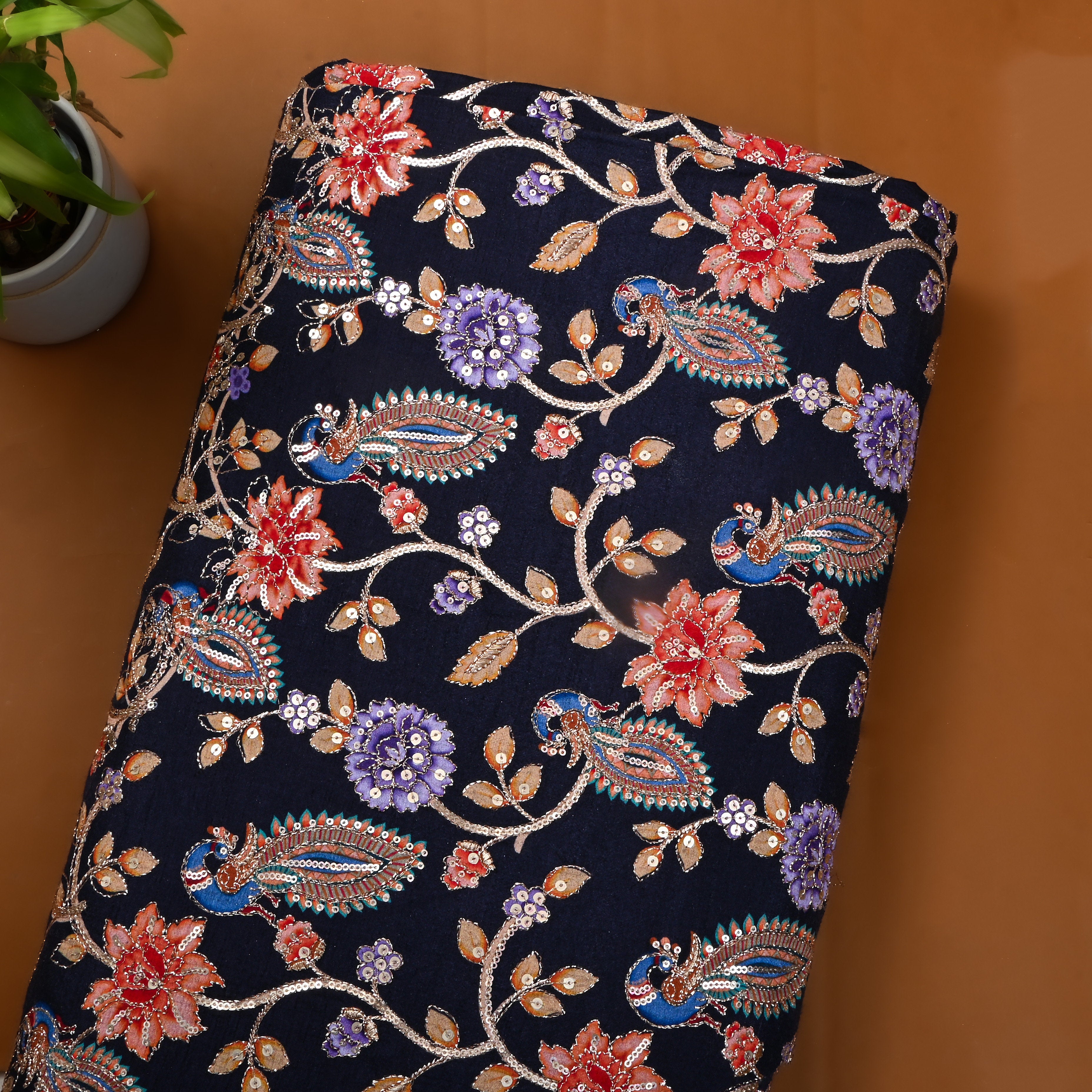 Black Printed Floral Silk Fabric