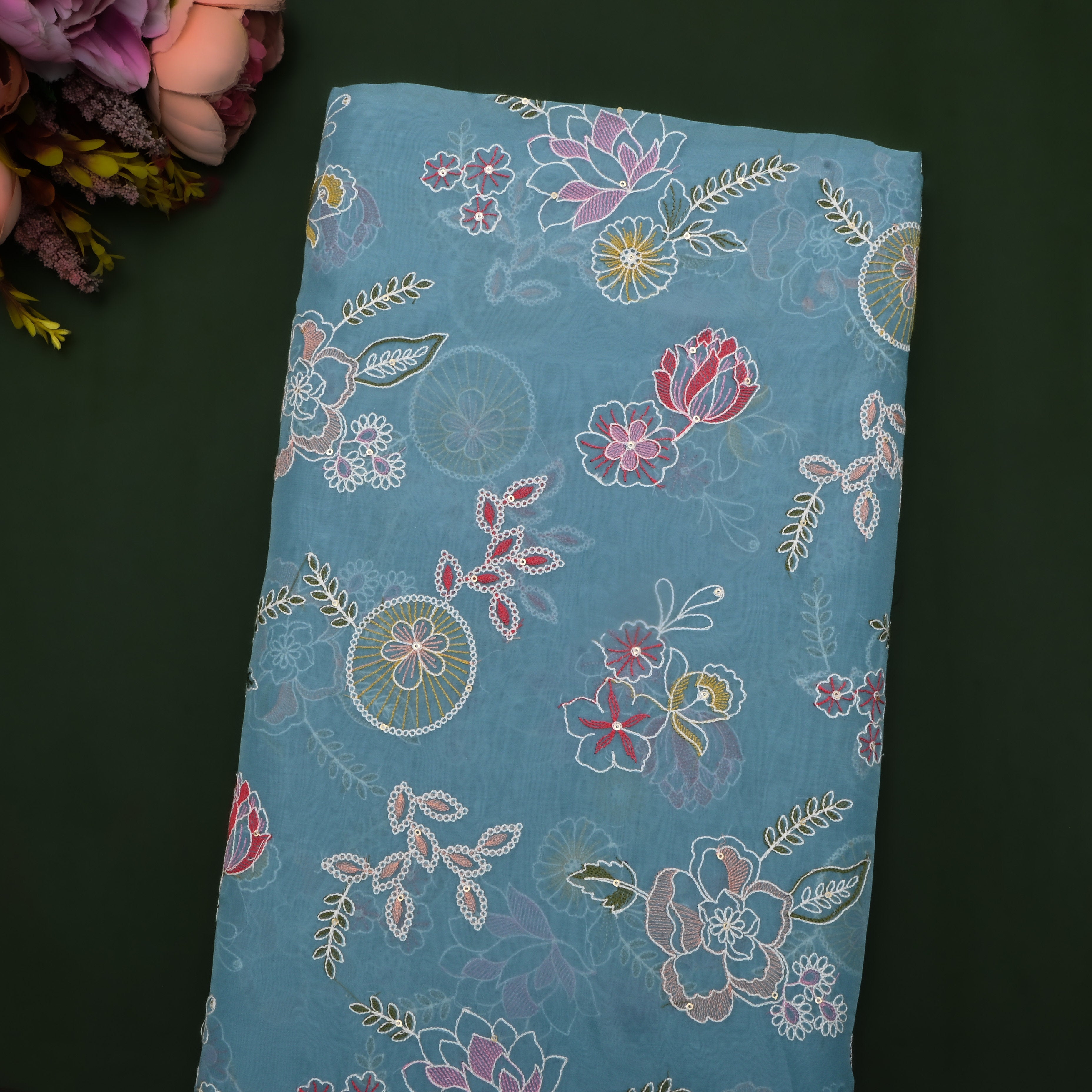 Aqua Blue Floral Thread Embroidered Organza Fabric