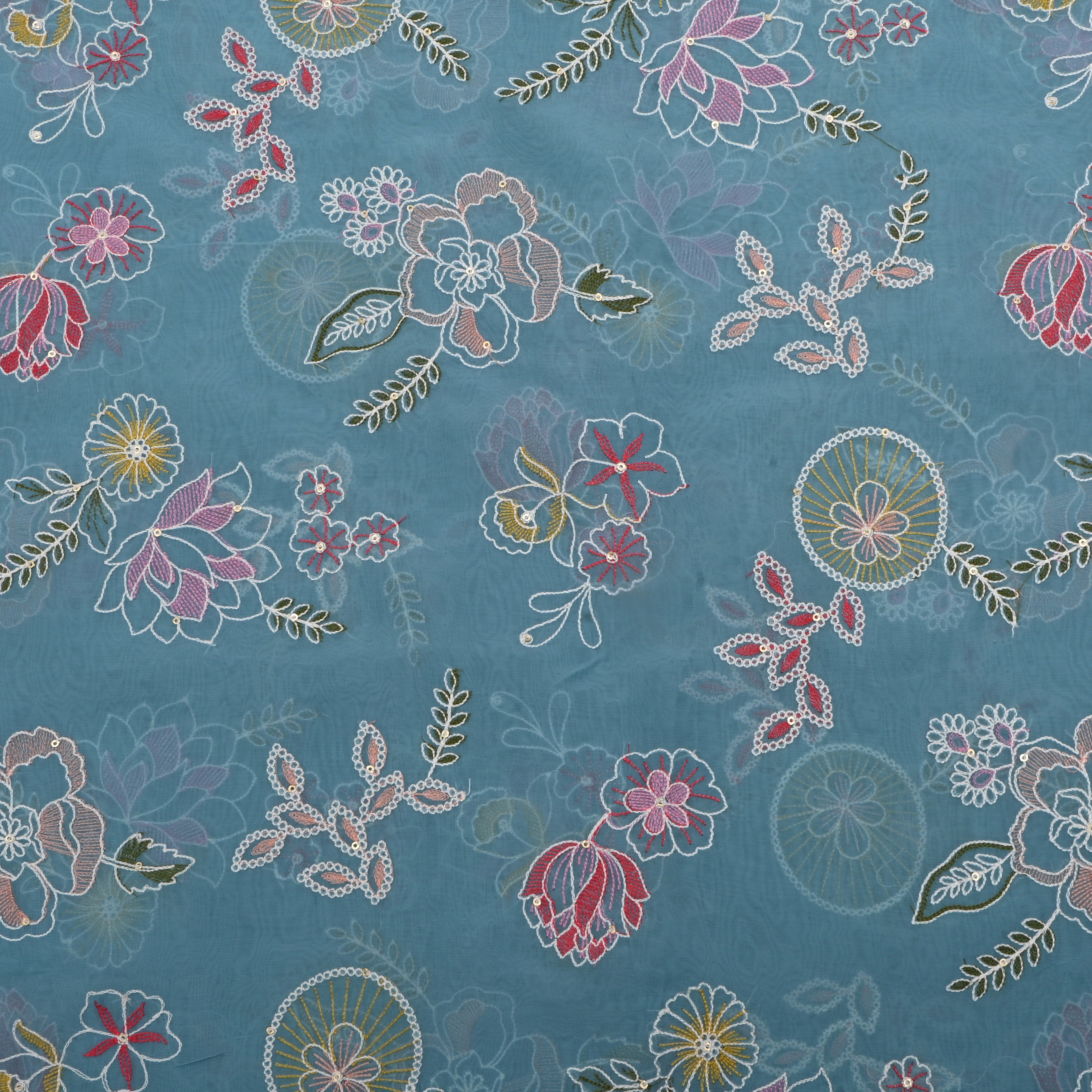 Aqua Blue Floral Thread Embroidered Organza Fabric