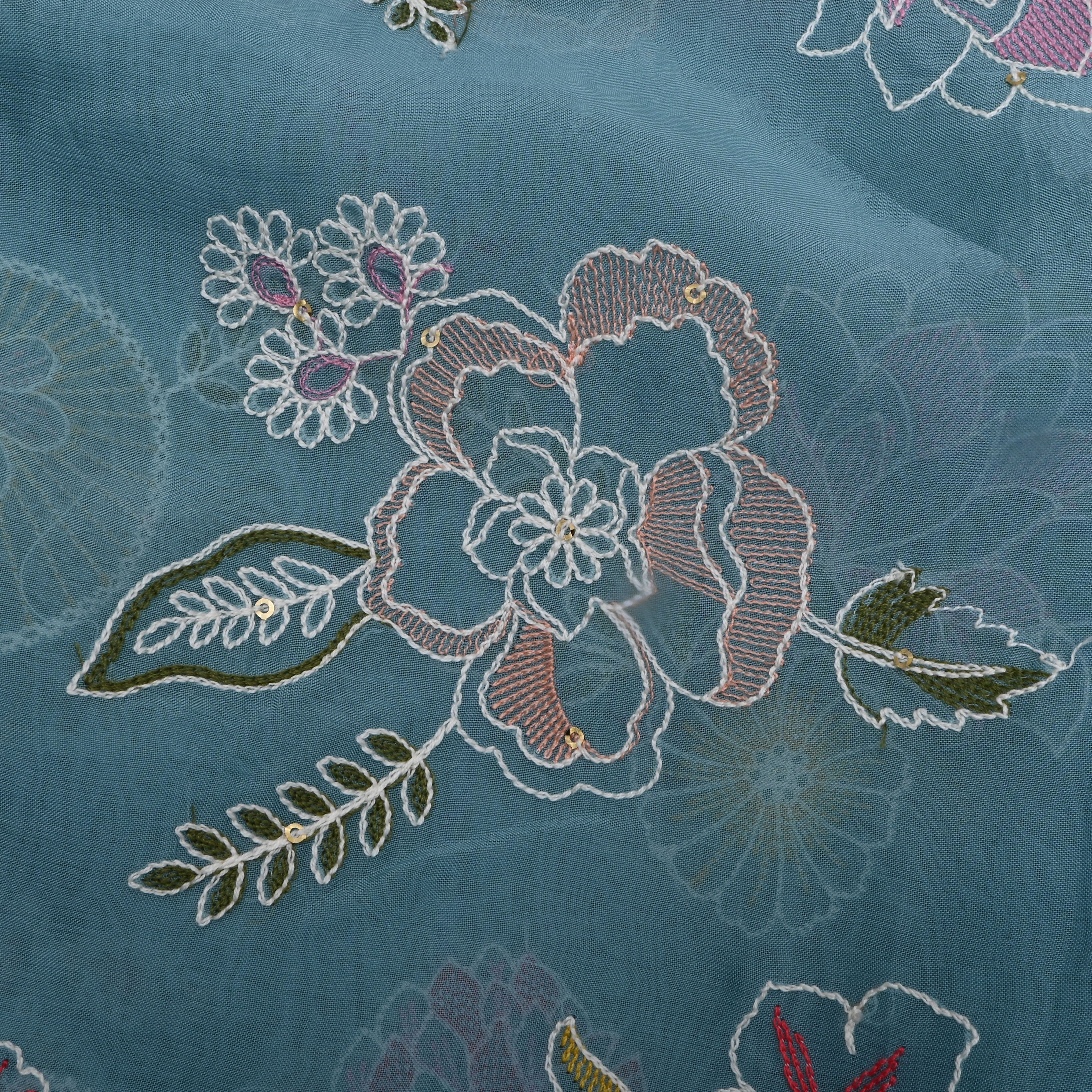 Aqua Blue Floral Thread Embroidered Organza Fabric