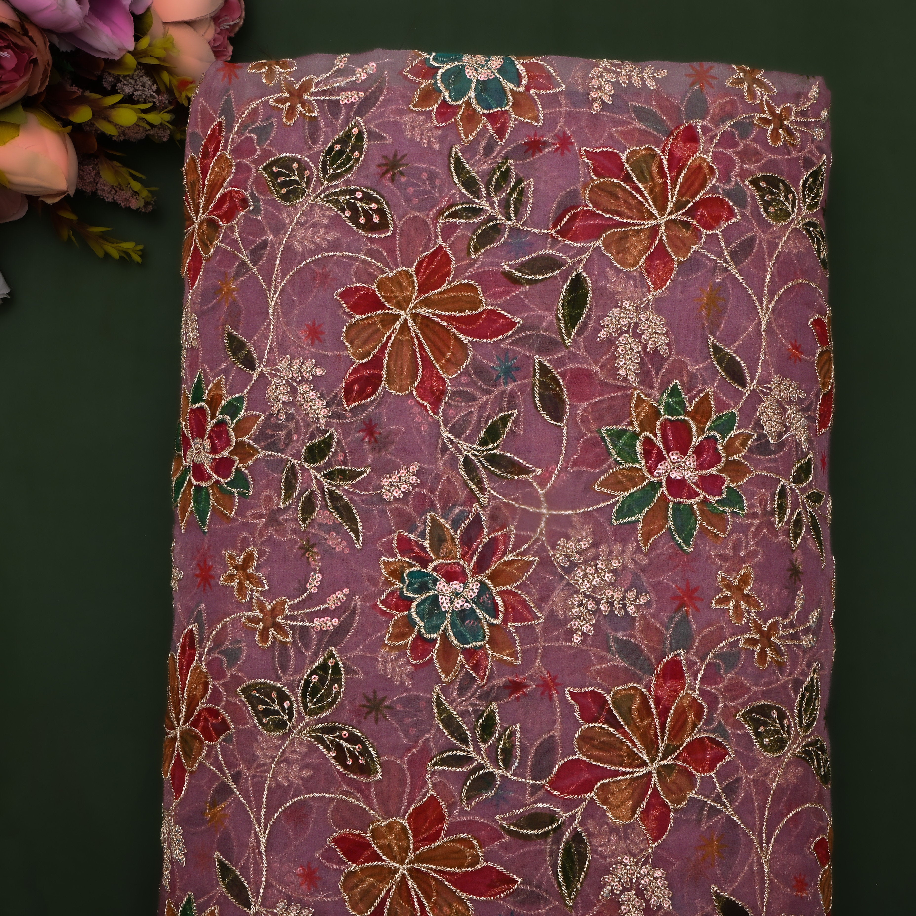 Dark Raspberry Zari Embroidered Organza Fabric