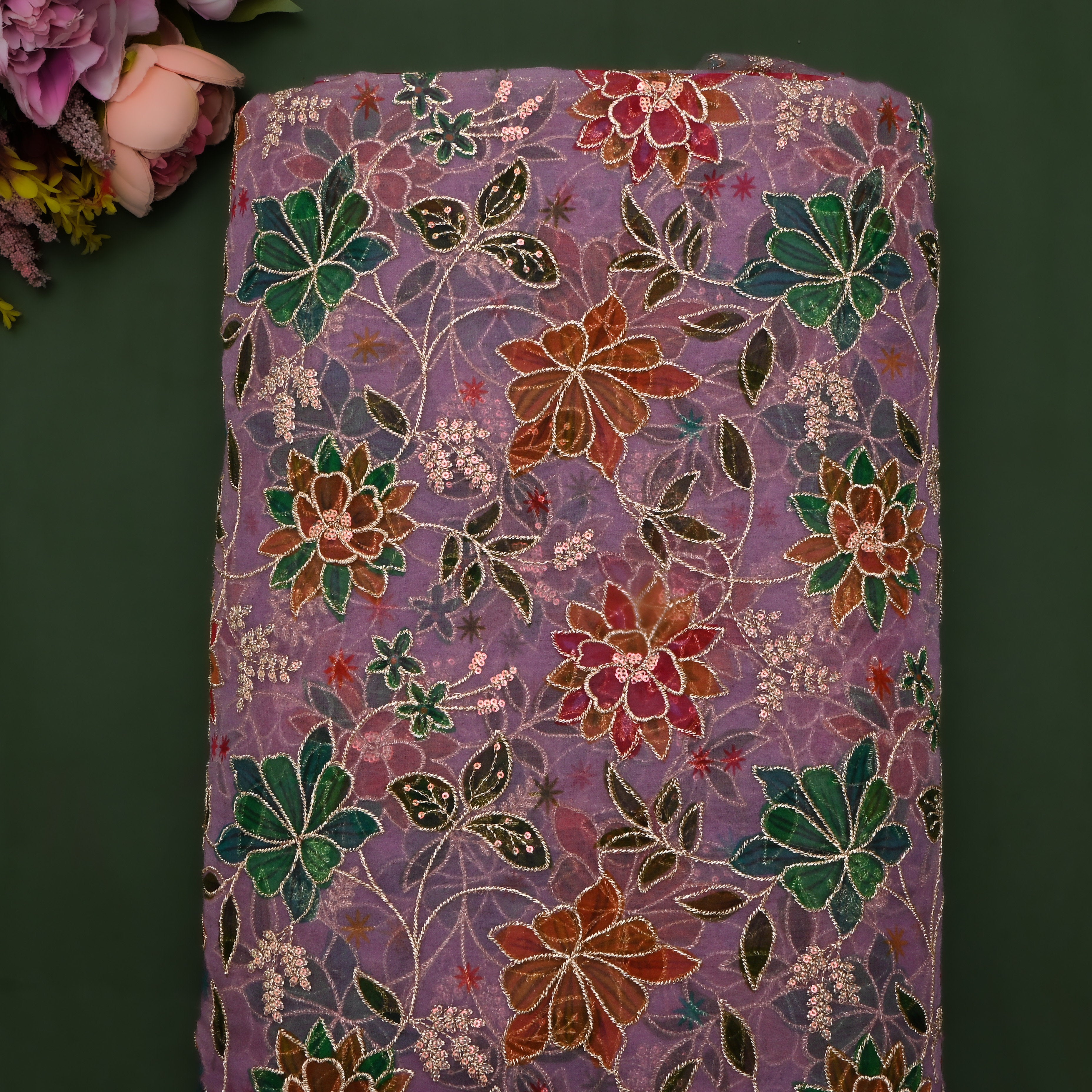 Mauve Purple Floral Embroidered Organza Fabric