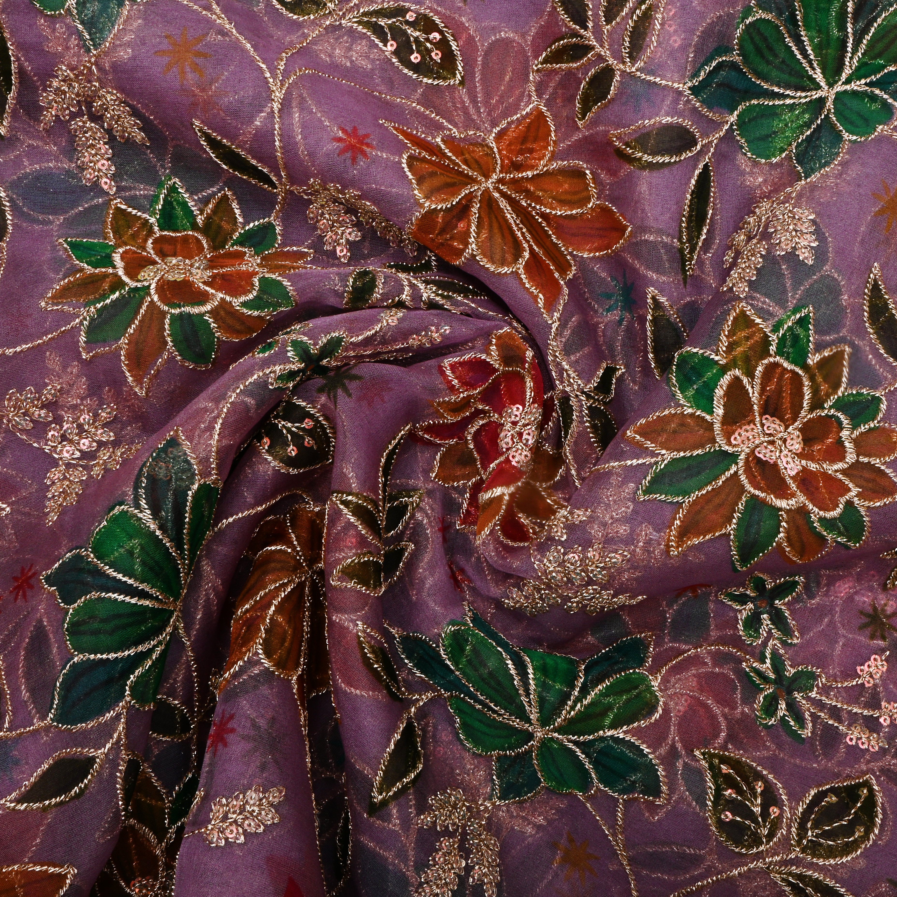 Mauve Purple Floral Embroidered Organza Fabric