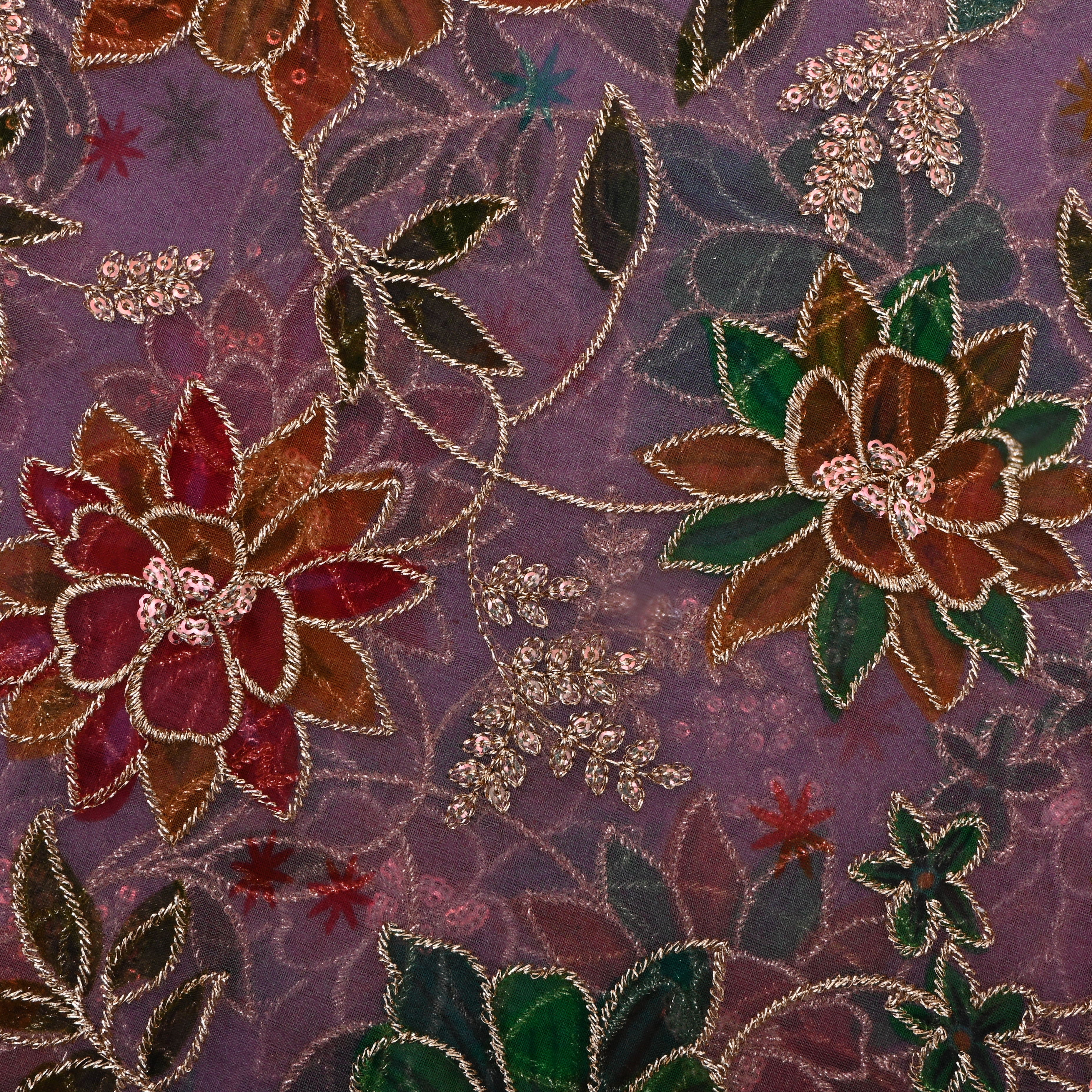 Mauve Purple Floral Embroidered Organza Fabric