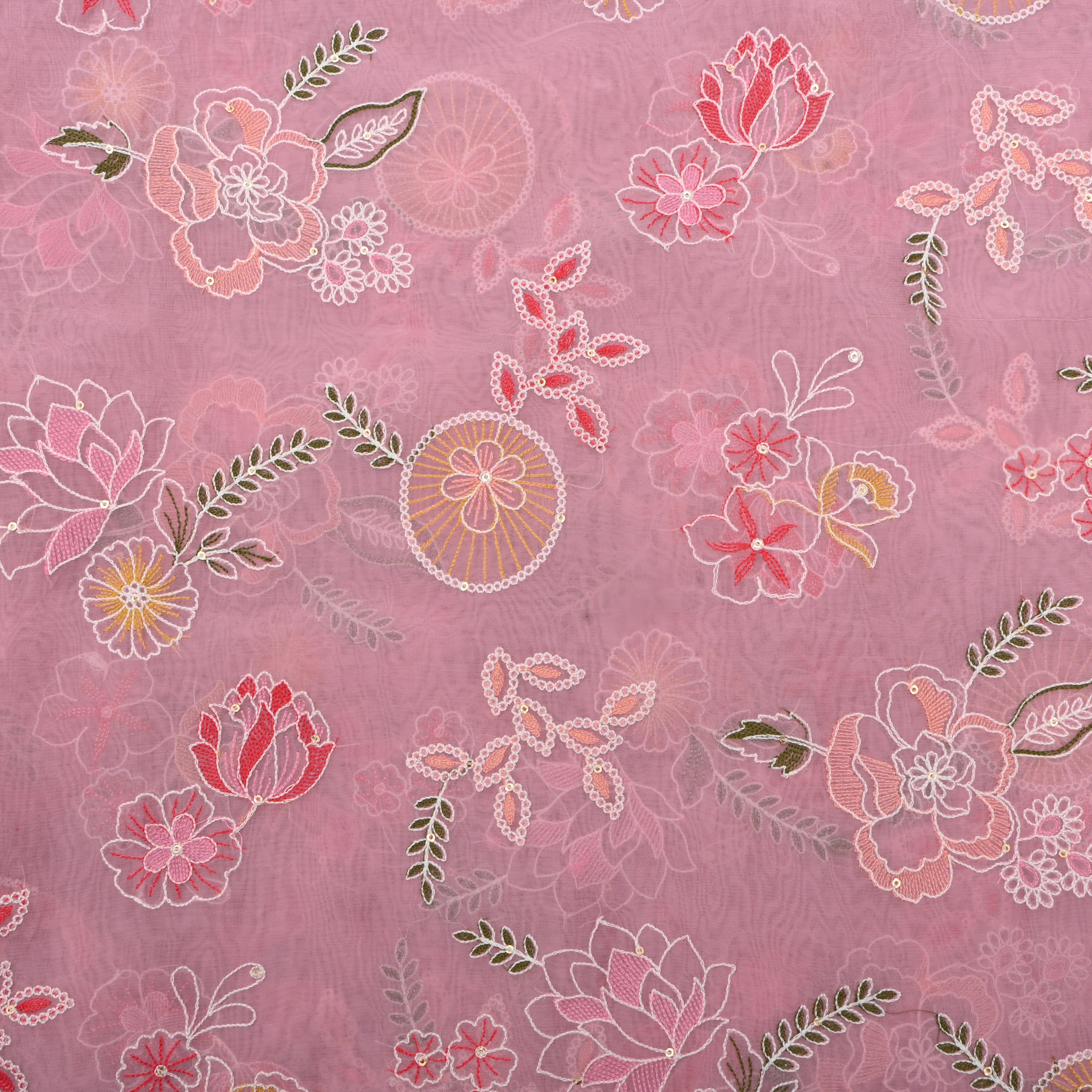 Pastel Pink Floral Thread Embroidered Organza Fabric