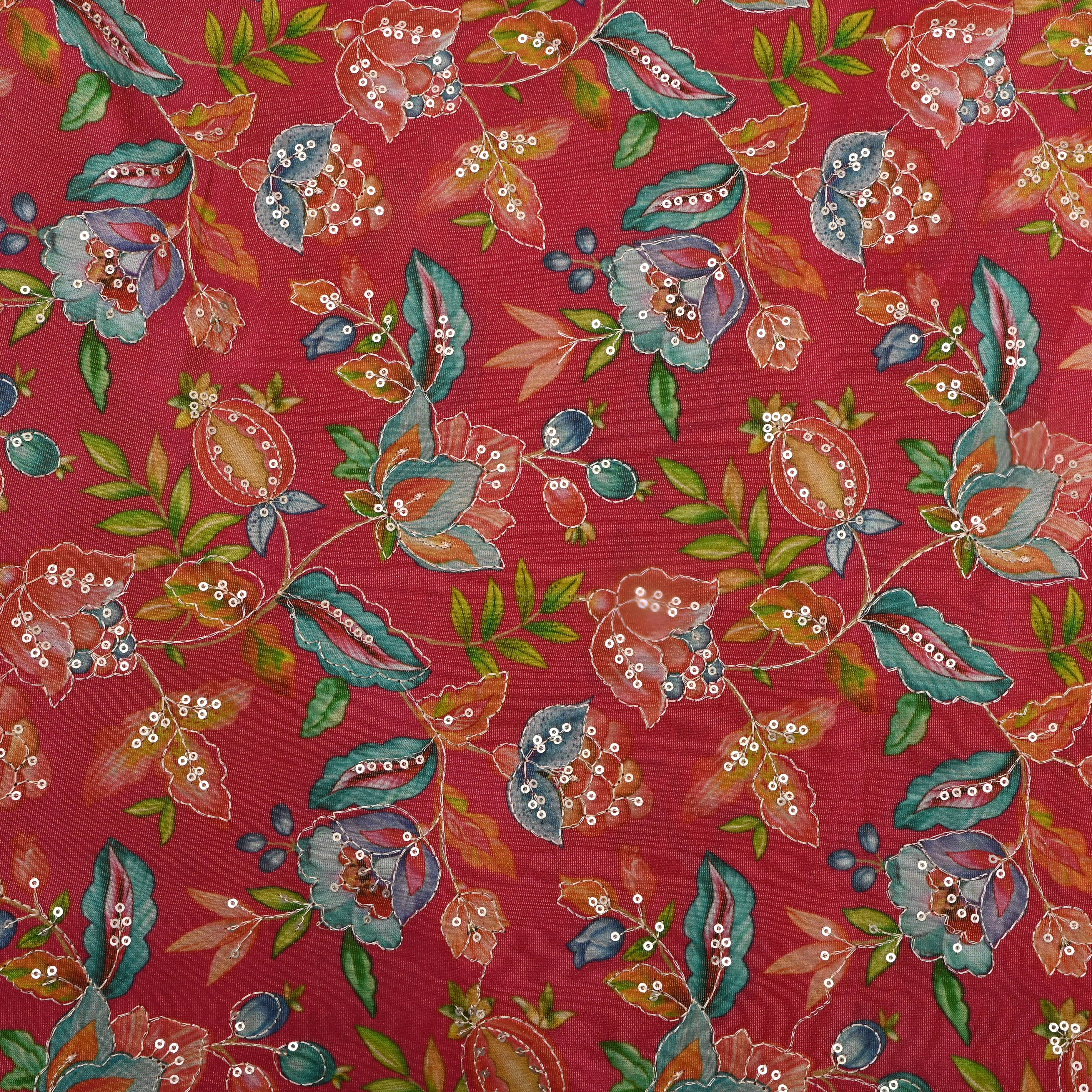 Crimson Red Floral Printed Tissue Fabric