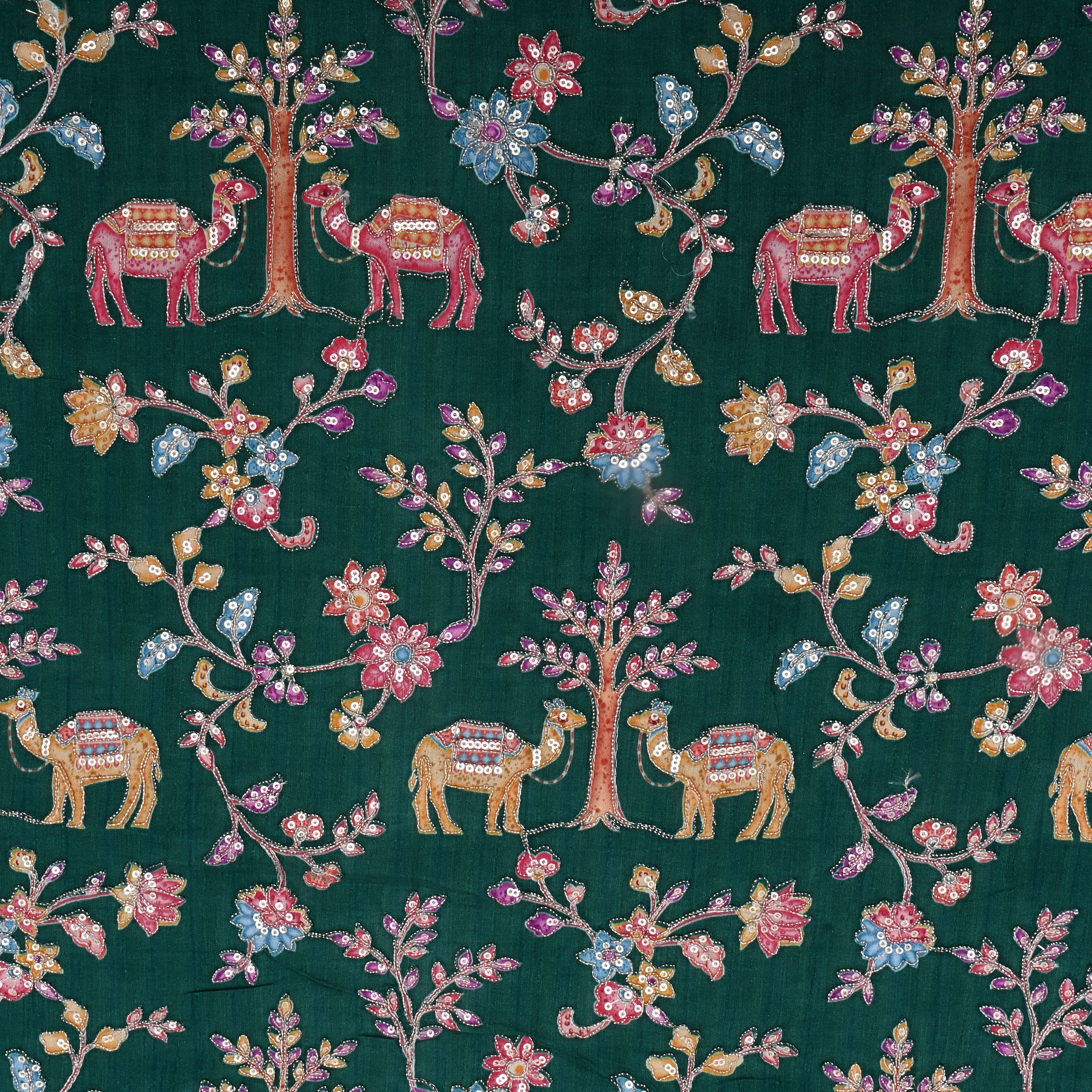 Bottle Green Floral And Camel Printed Silk Fabric