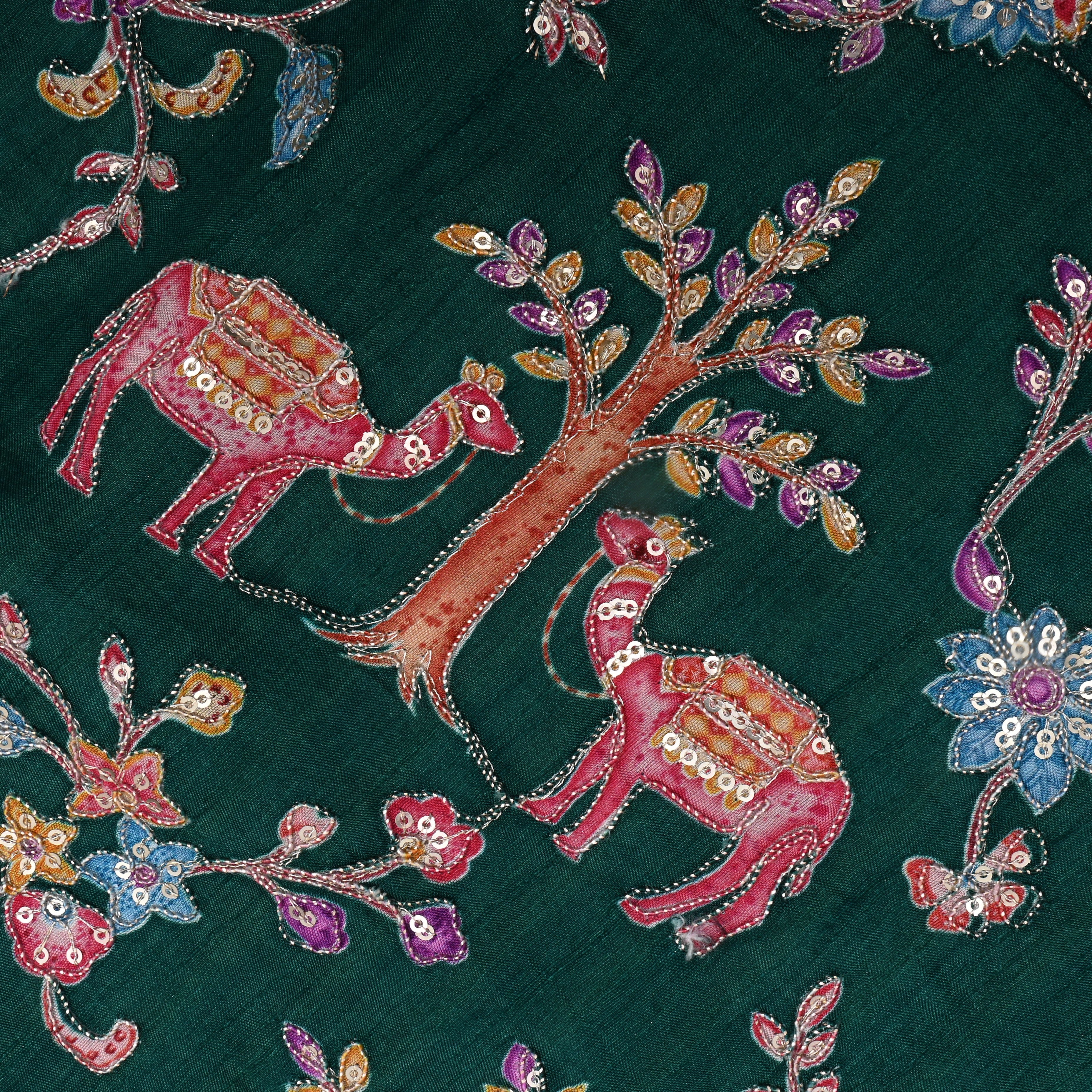 Bottle Green Floral And Camel Printed Silk Fabric