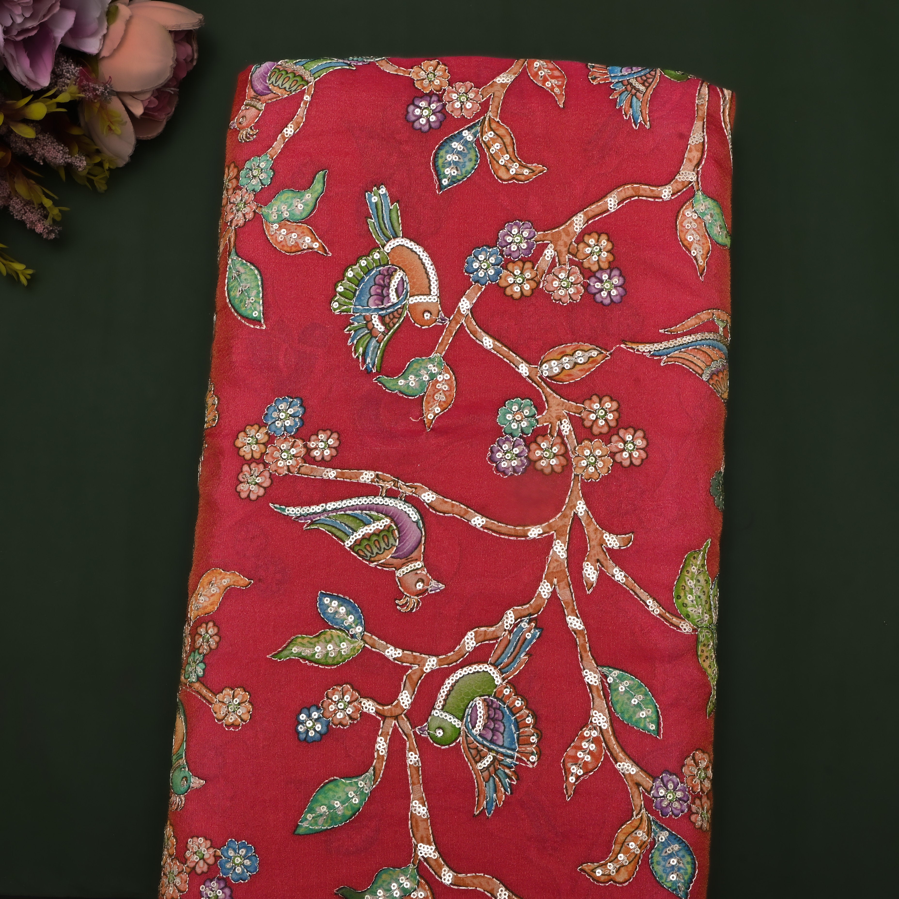 Pale Red Kalamkari Print Tissue Fabric