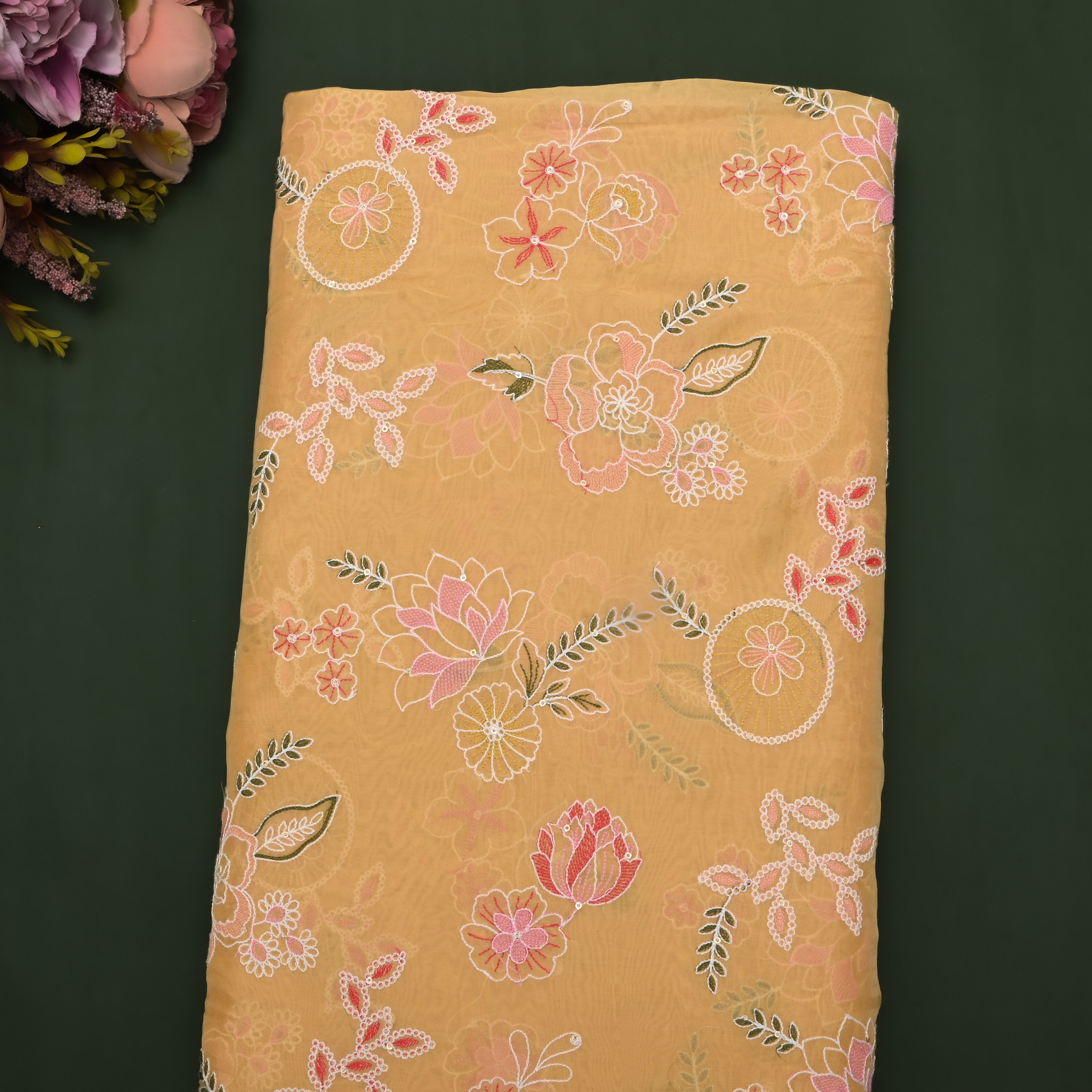 Muted Yellow Floral Thread Embroidered Organza Fabric