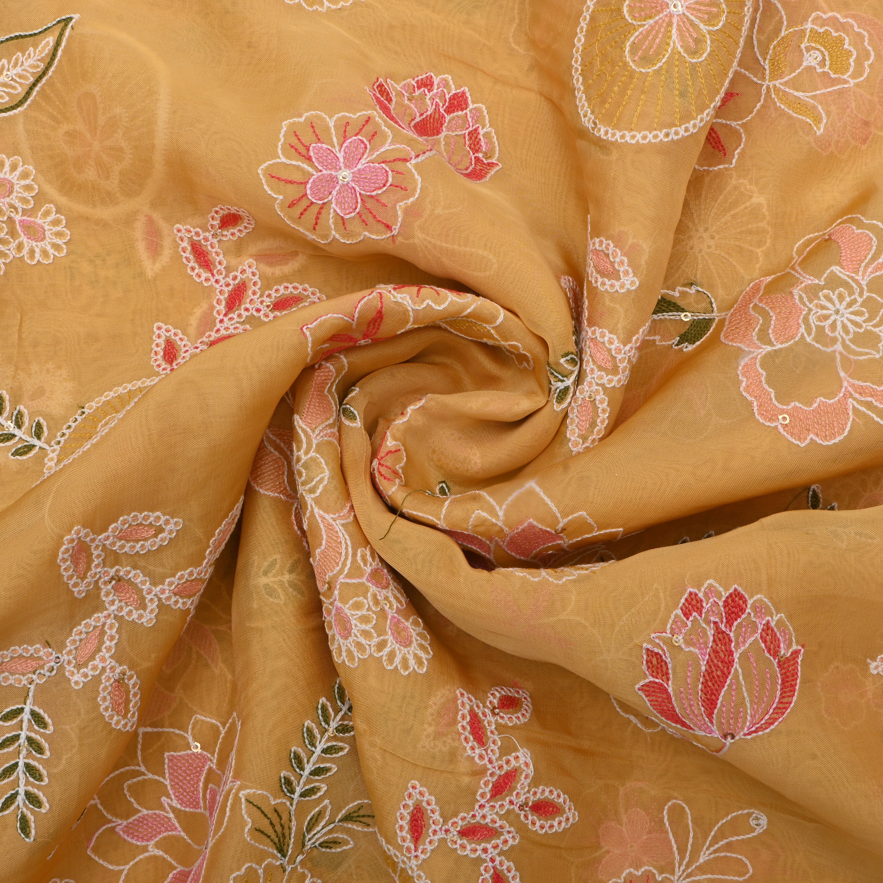 Muted Yellow Floral Thread Embroidered Organza Fabric