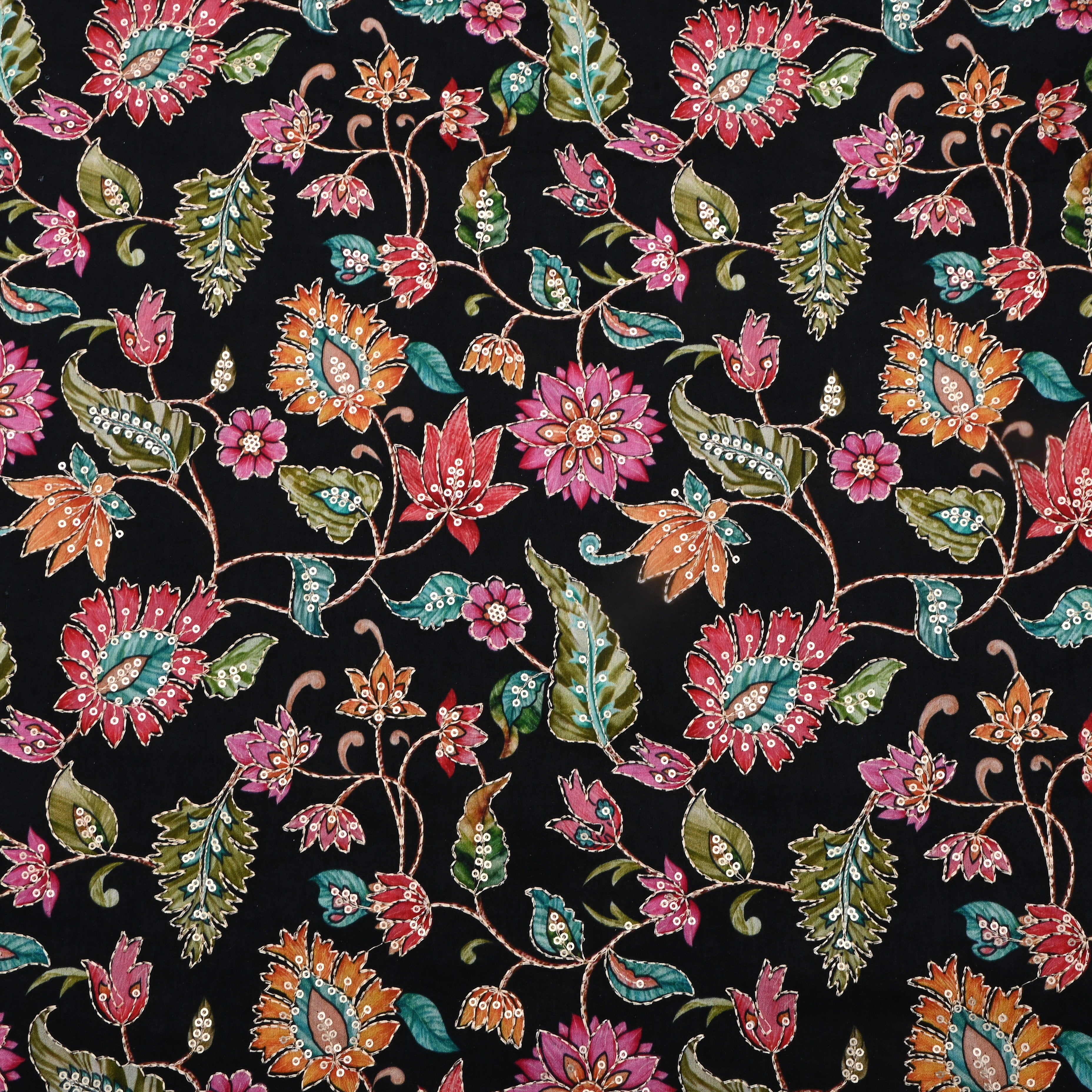 Black Zari Embroidered Silk Fabric