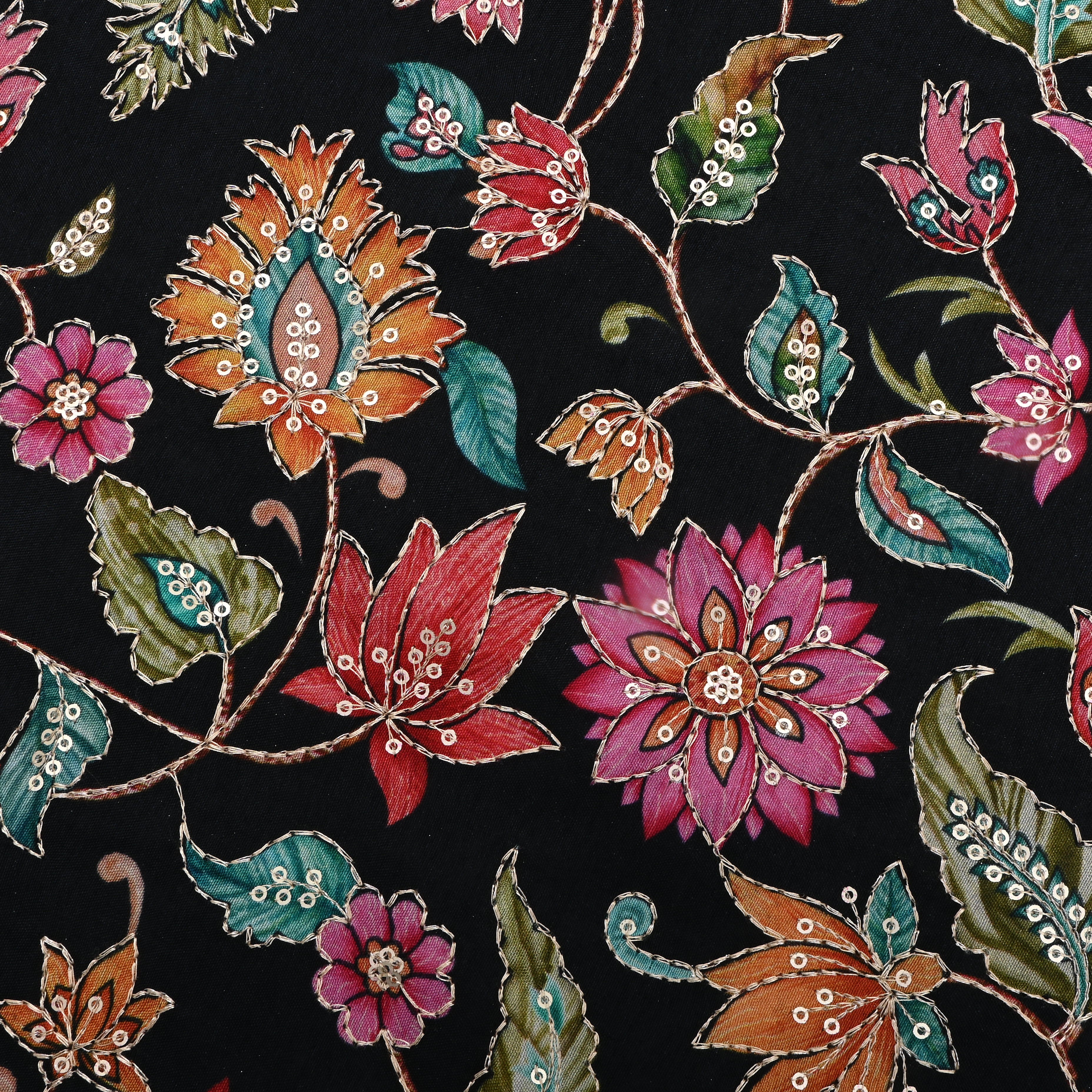 Black Zari Embroidered Silk Fabric