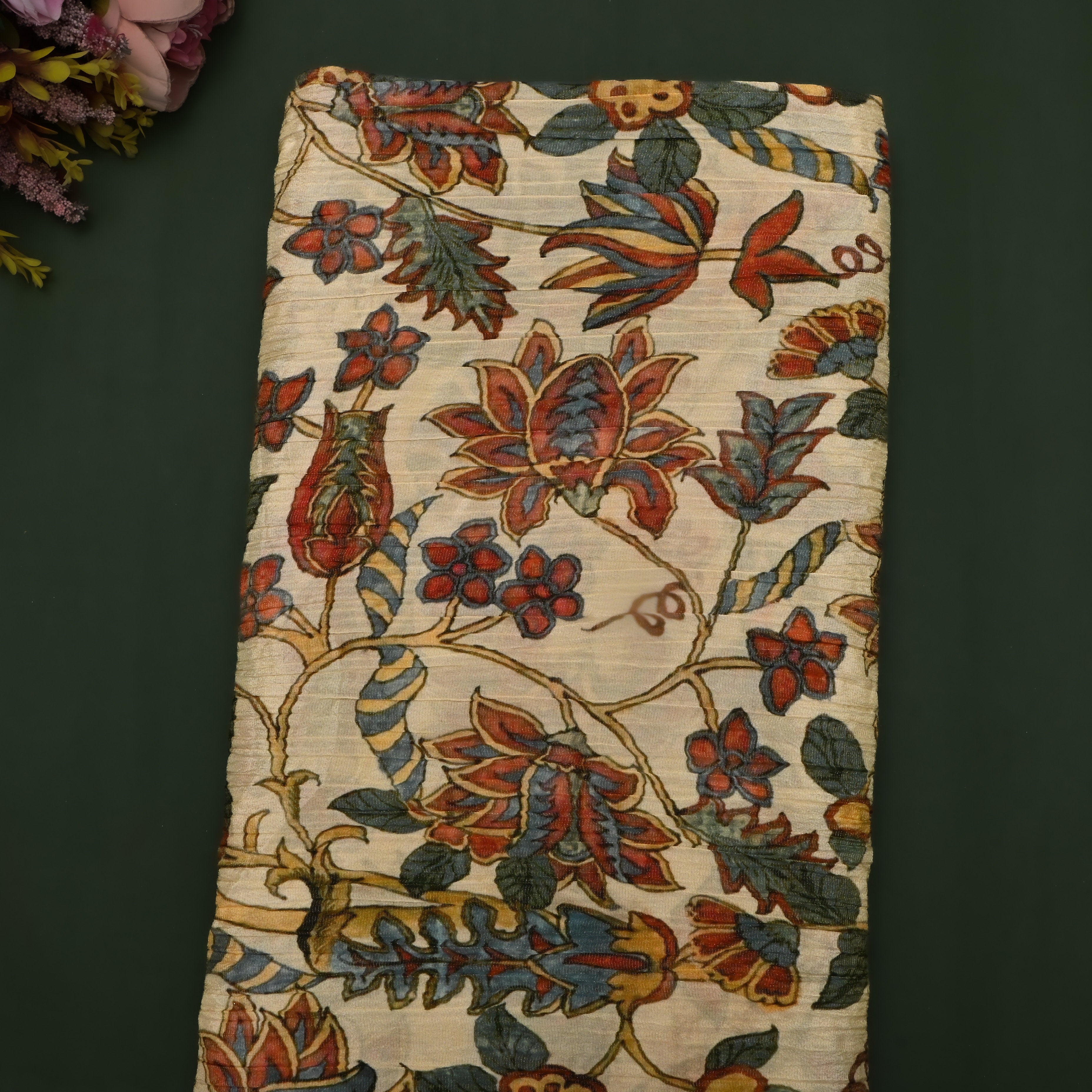 Golden Creme Floral Printed Tissue Fabric