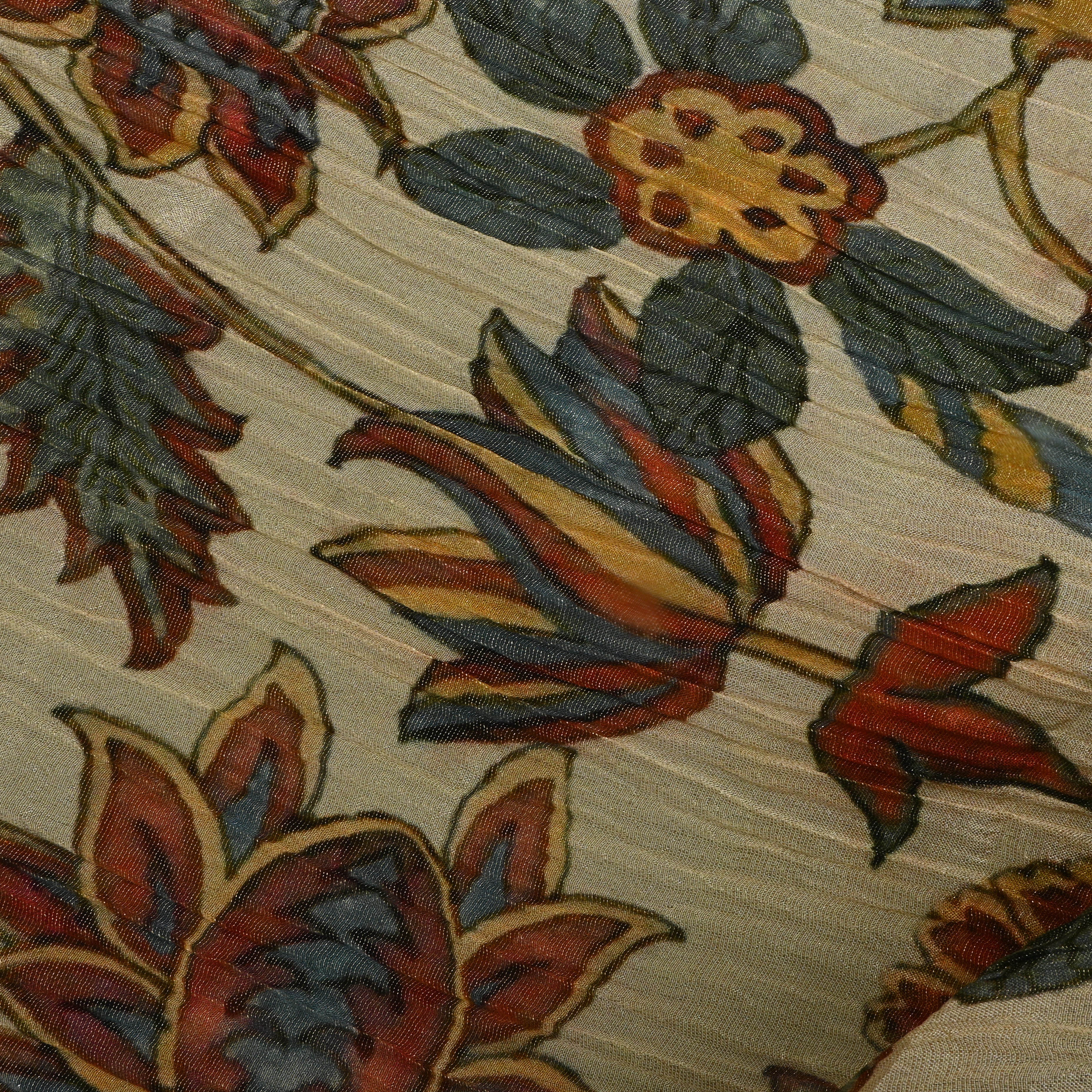 Golden Creme Floral Printed Tissue Fabric