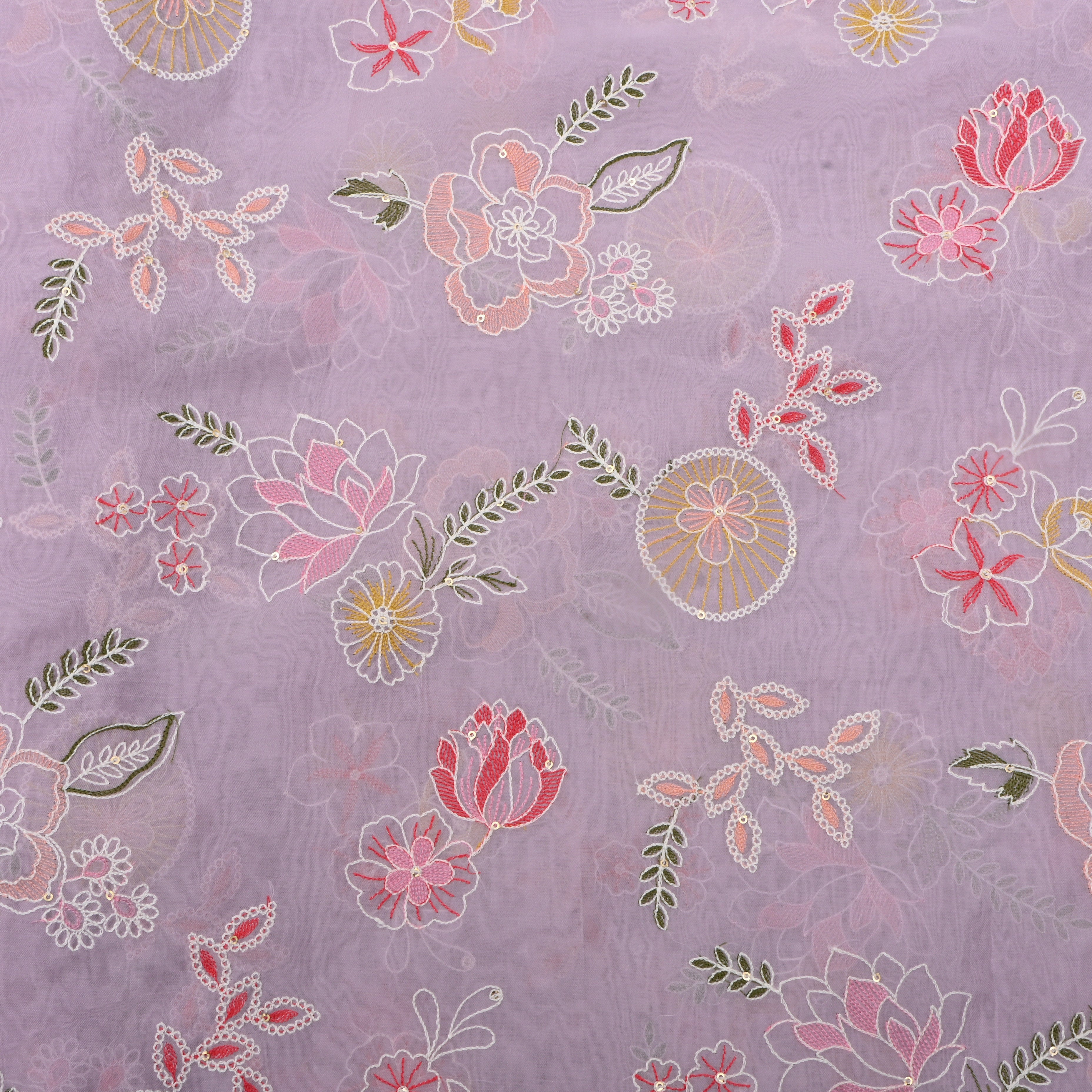 Soft Lilac Floral Thread Embroidered Organza Fabric