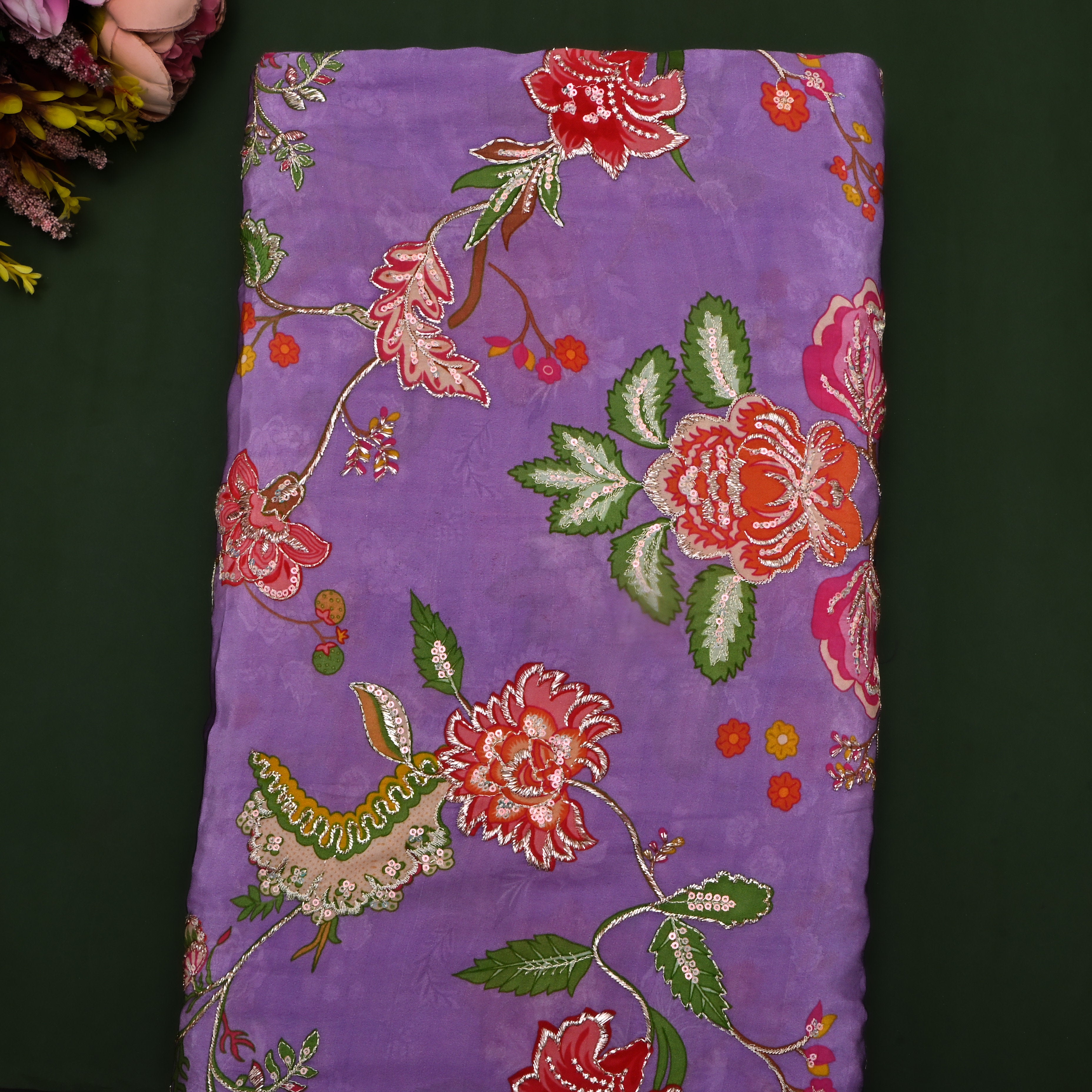 Deep Lavender Floral Print Silk Fabric