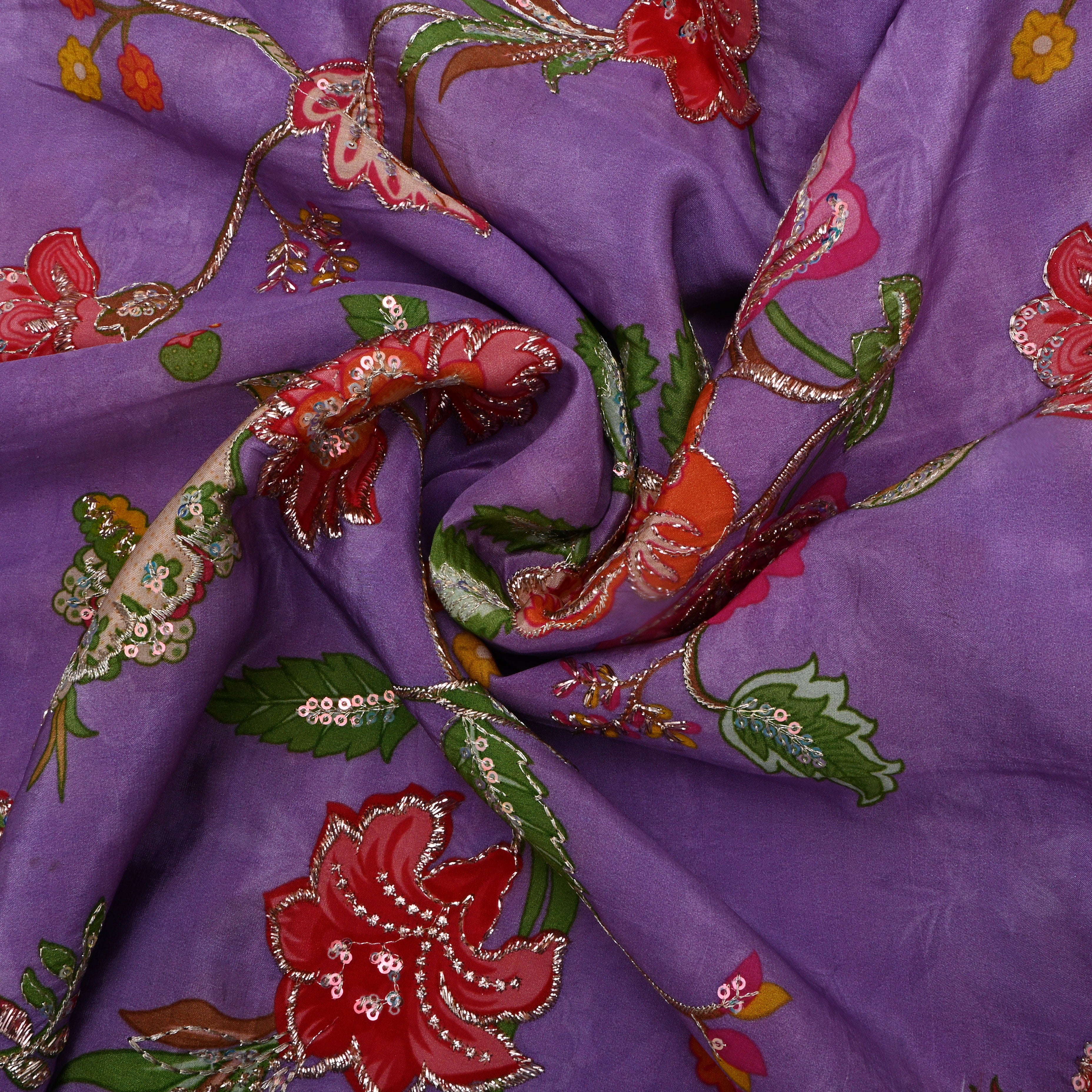 Deep Lavender Floral Print Silk Fabric