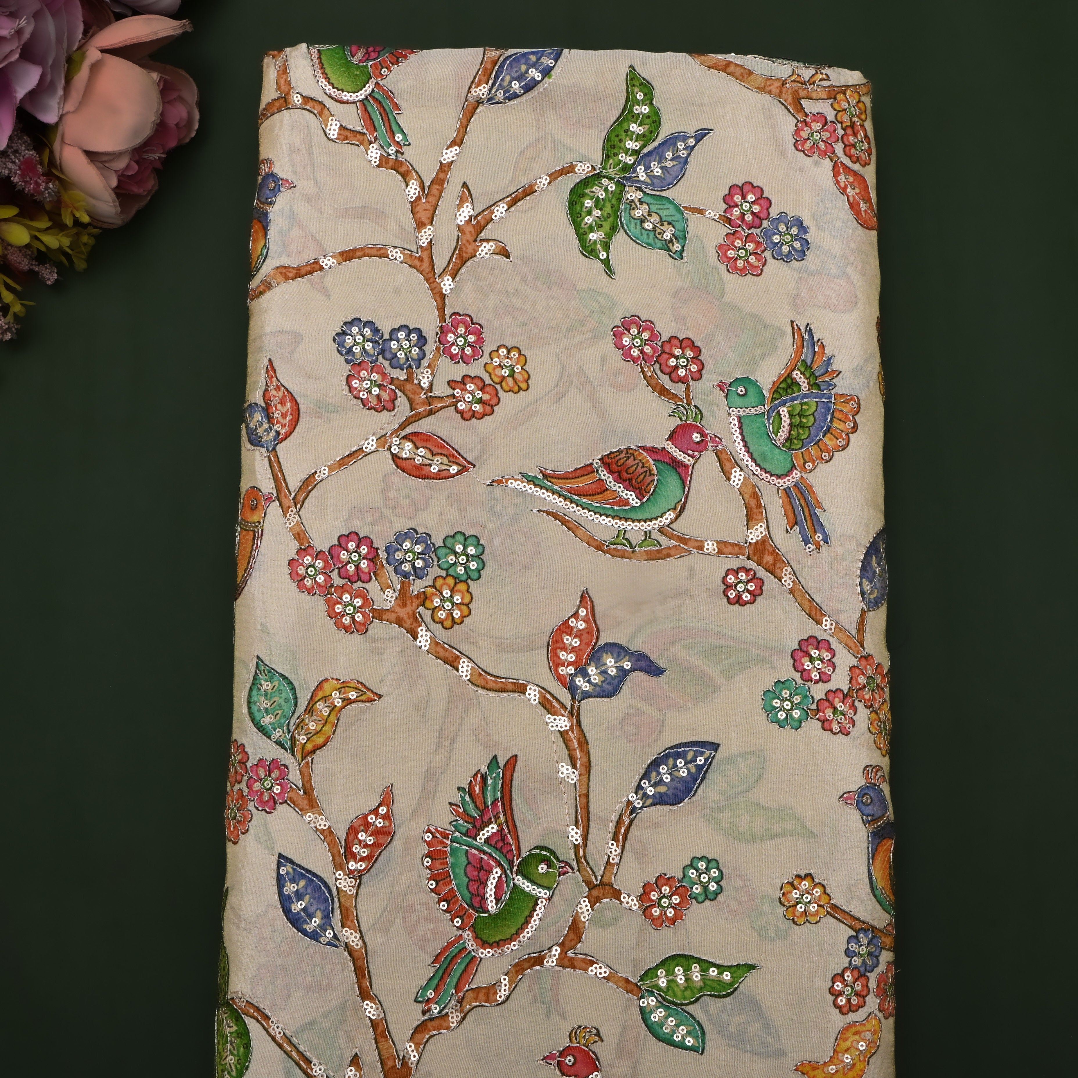 Light Beige Kalamkari Printed Tissue Fabric