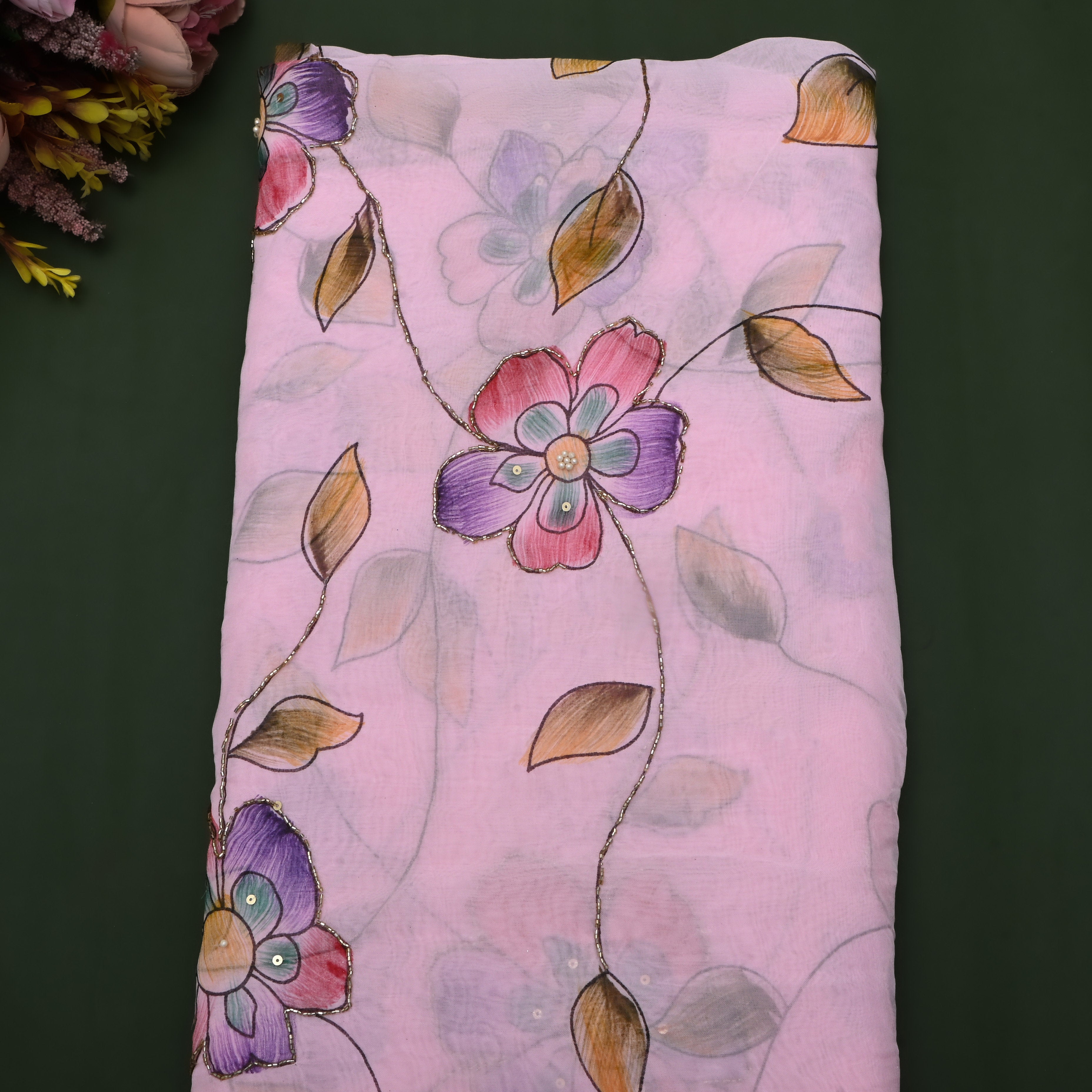 Pale Pastel Pink Floral Printed Organza Fabric