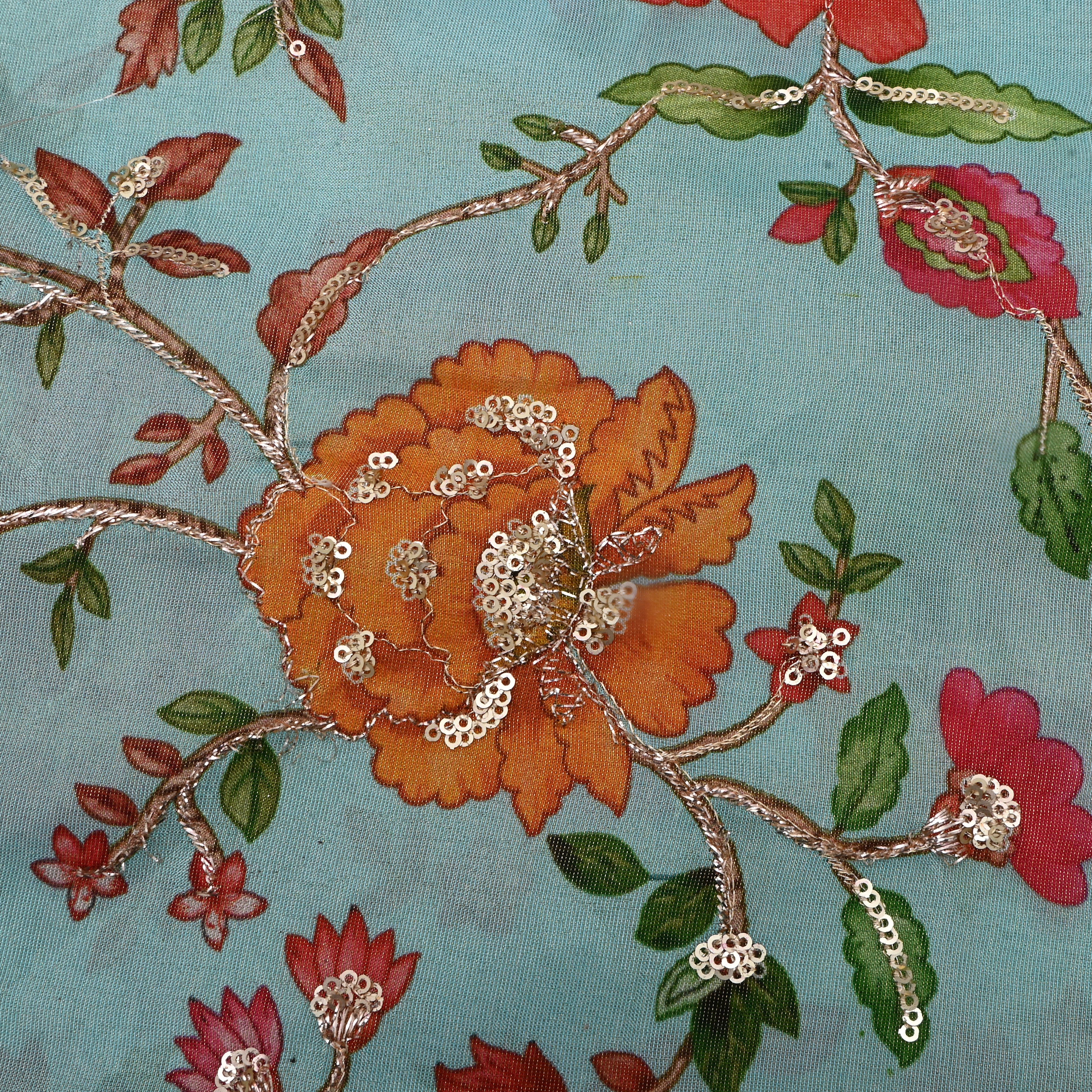 Light Turquoise Floral Printed Tissue Fabric