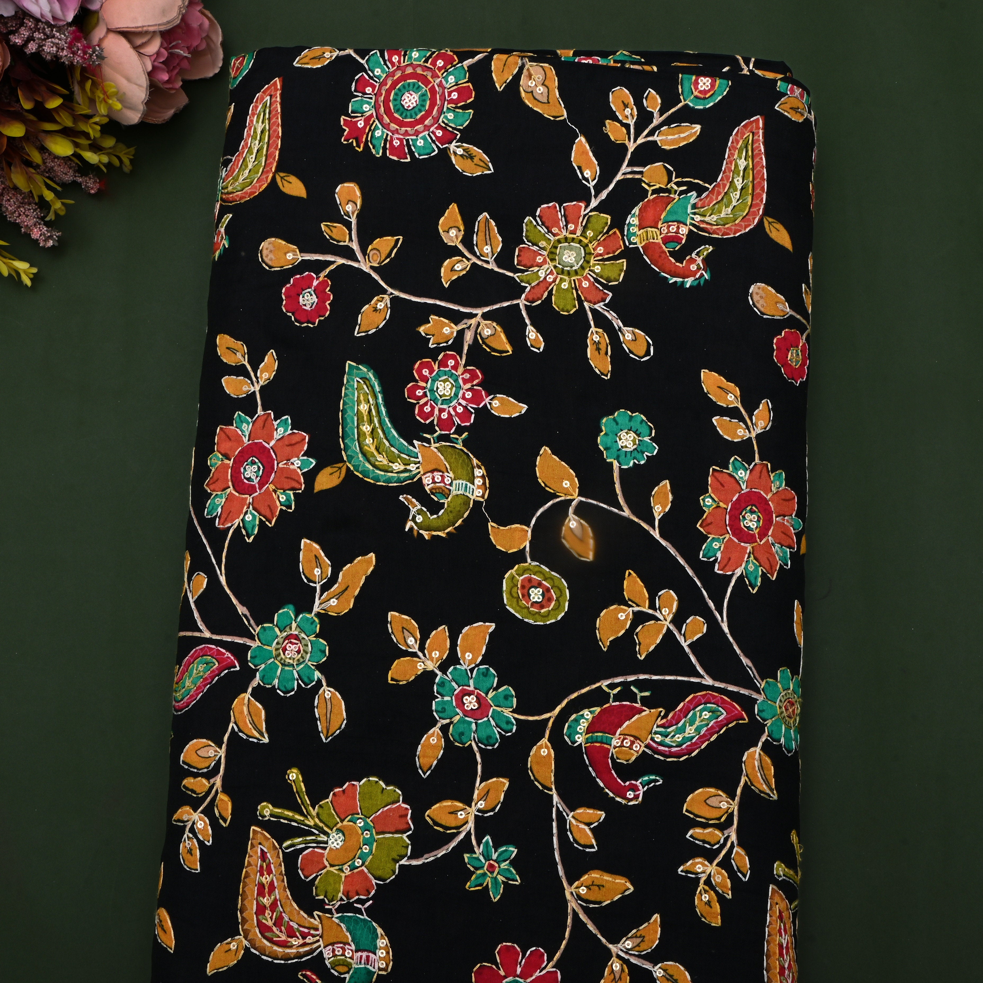 Charcoal Black Kalamkari Printed Silk Fabric