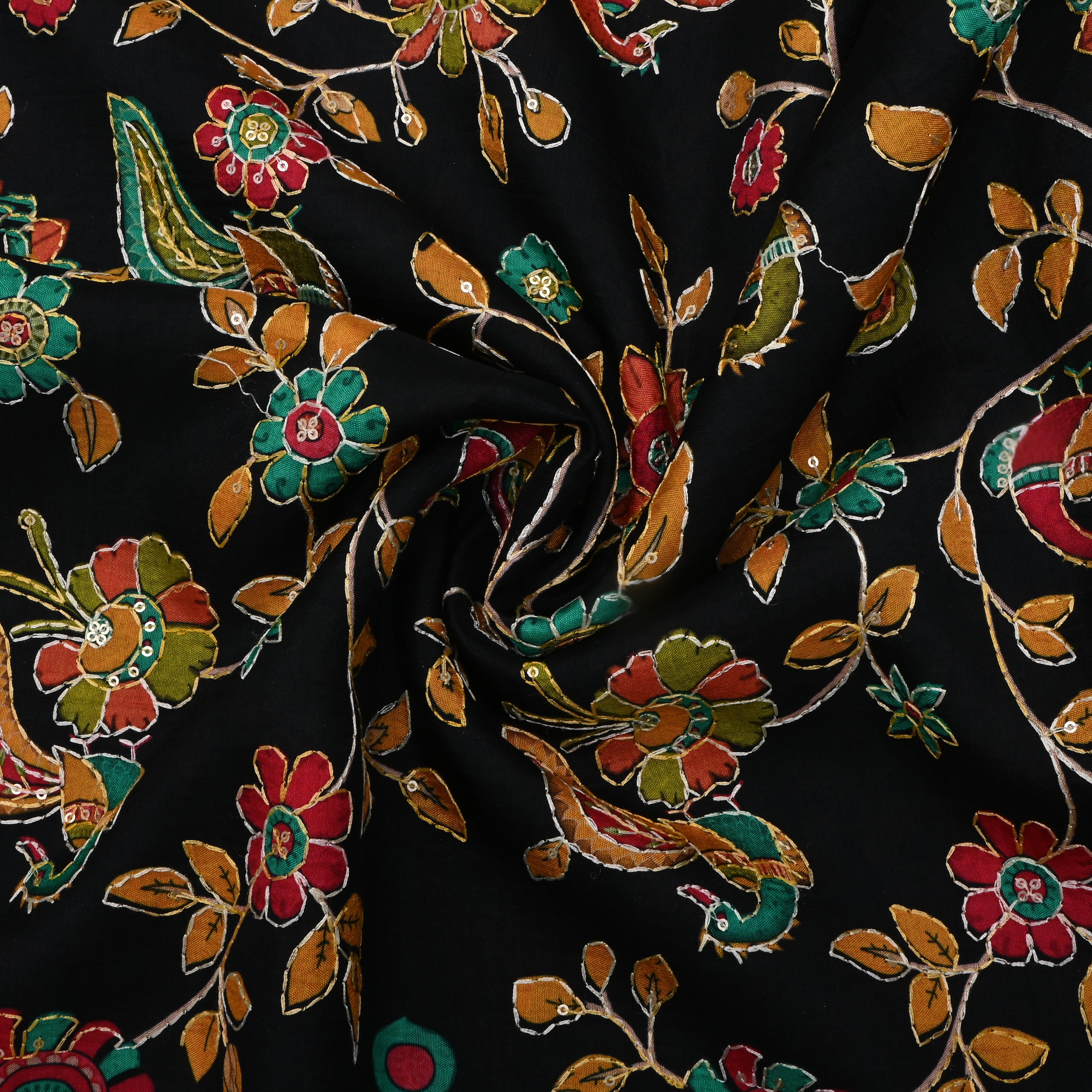 Charcoal Black Kalamkari Printed Silk Fabric