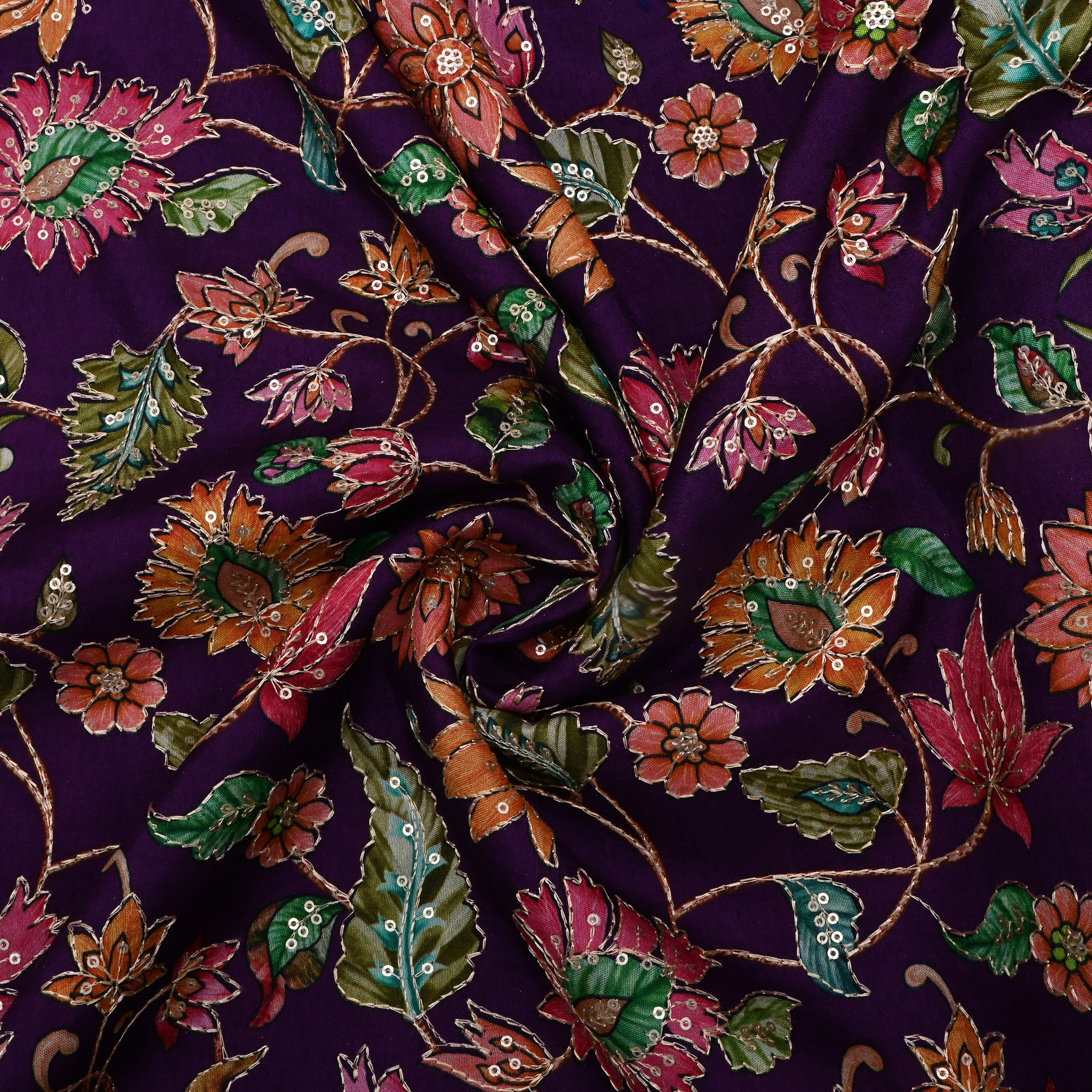 Deep Purple Zari Embroidered Silk Fabric