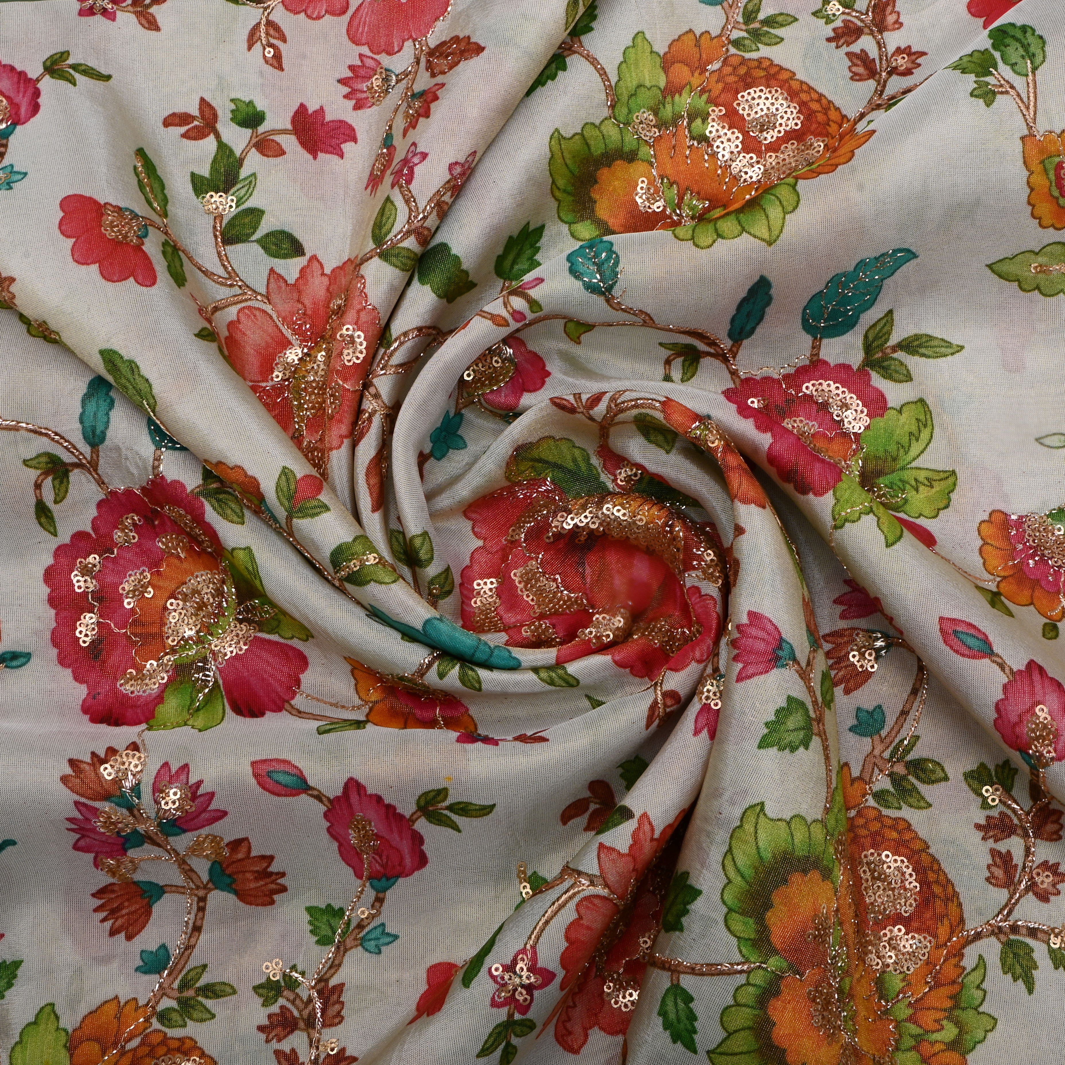 Marble White Floral Printed Tissue Fabric