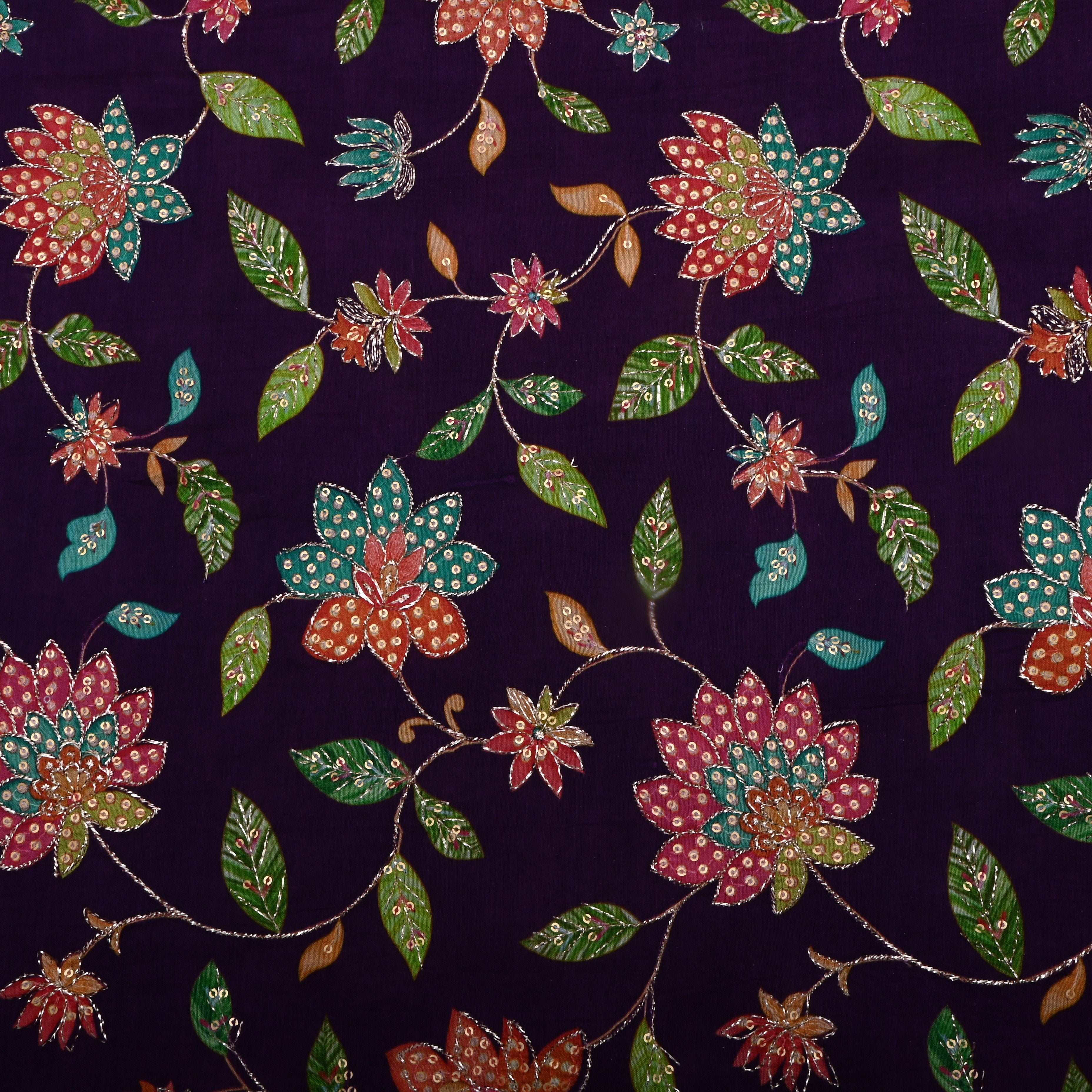 Pure Purple Floral Printed Silk Fabric