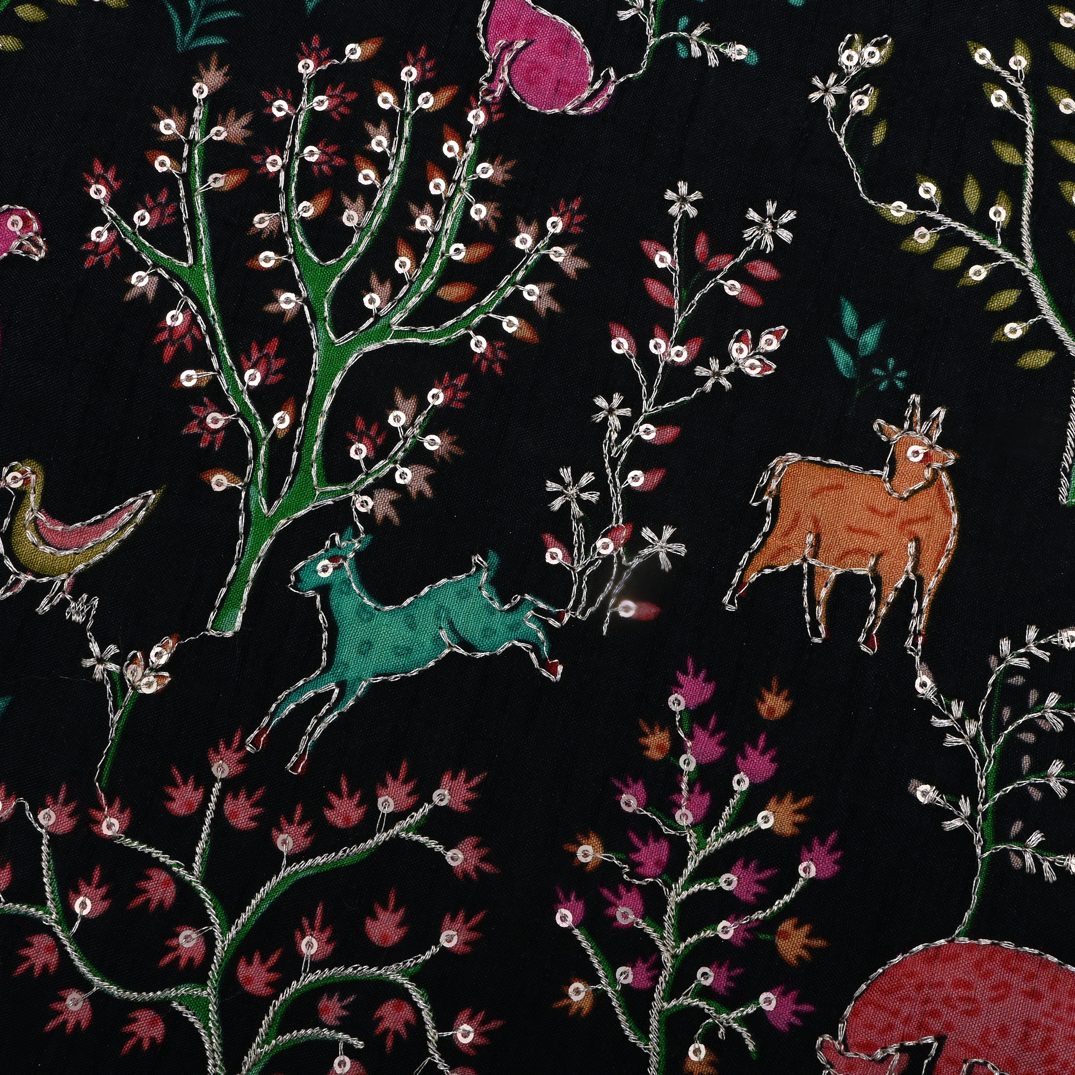 Black Jaal Embroidery Silk Fabric
