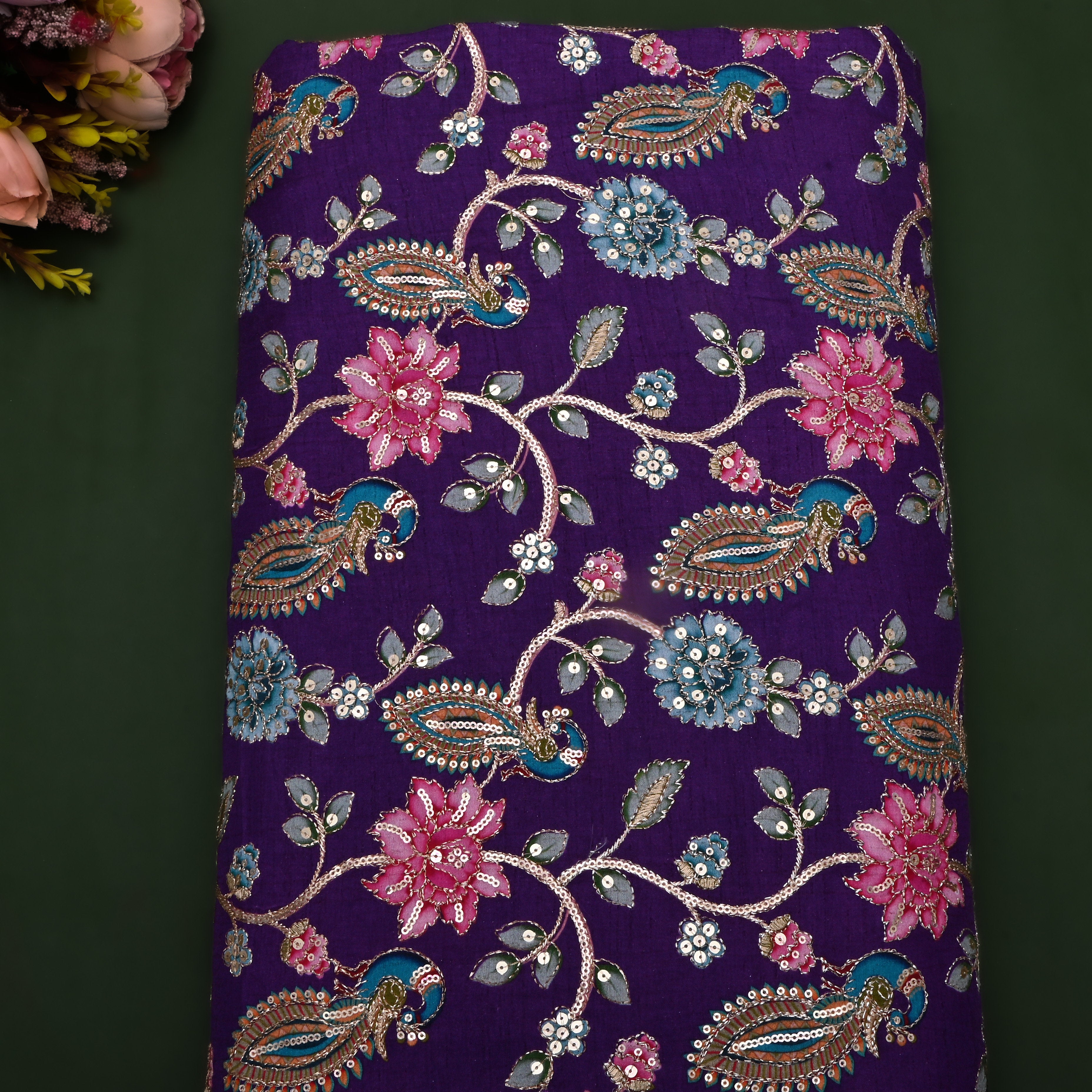 Indigo Floral Printed Silk Fabric