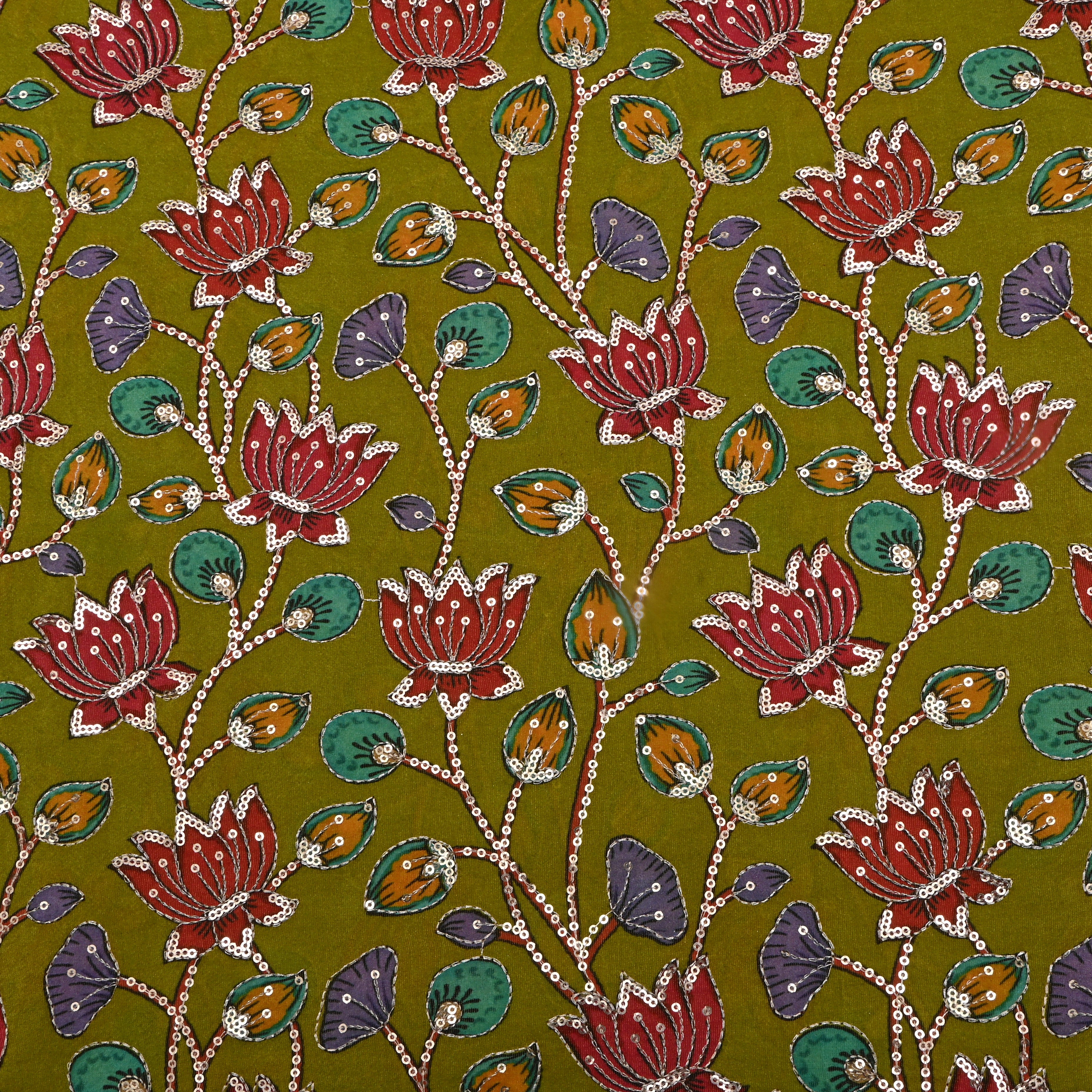 Moss Green Sequin Embroidered Tissue Fabric