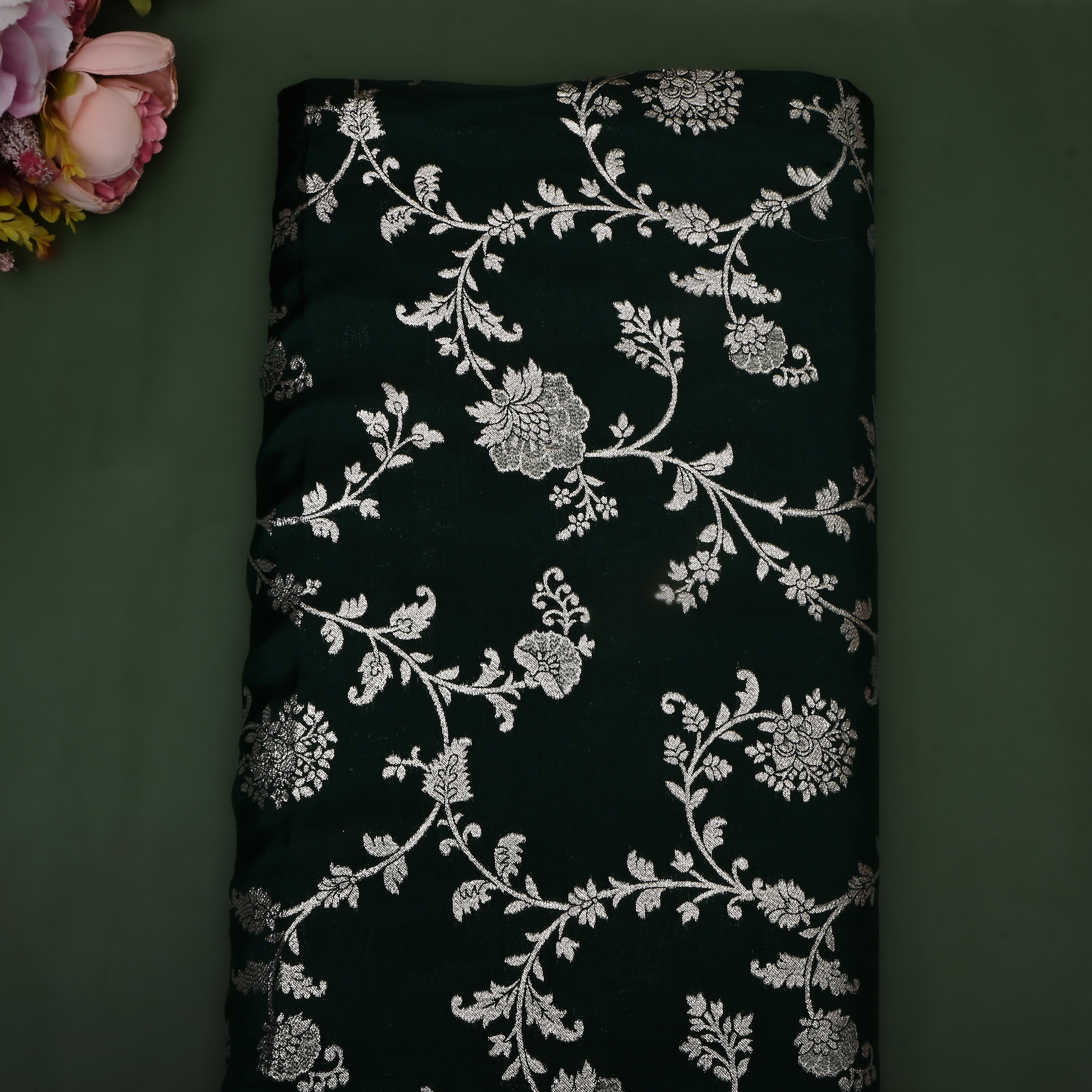 Bottle Green Zari Woven Silk Fabric